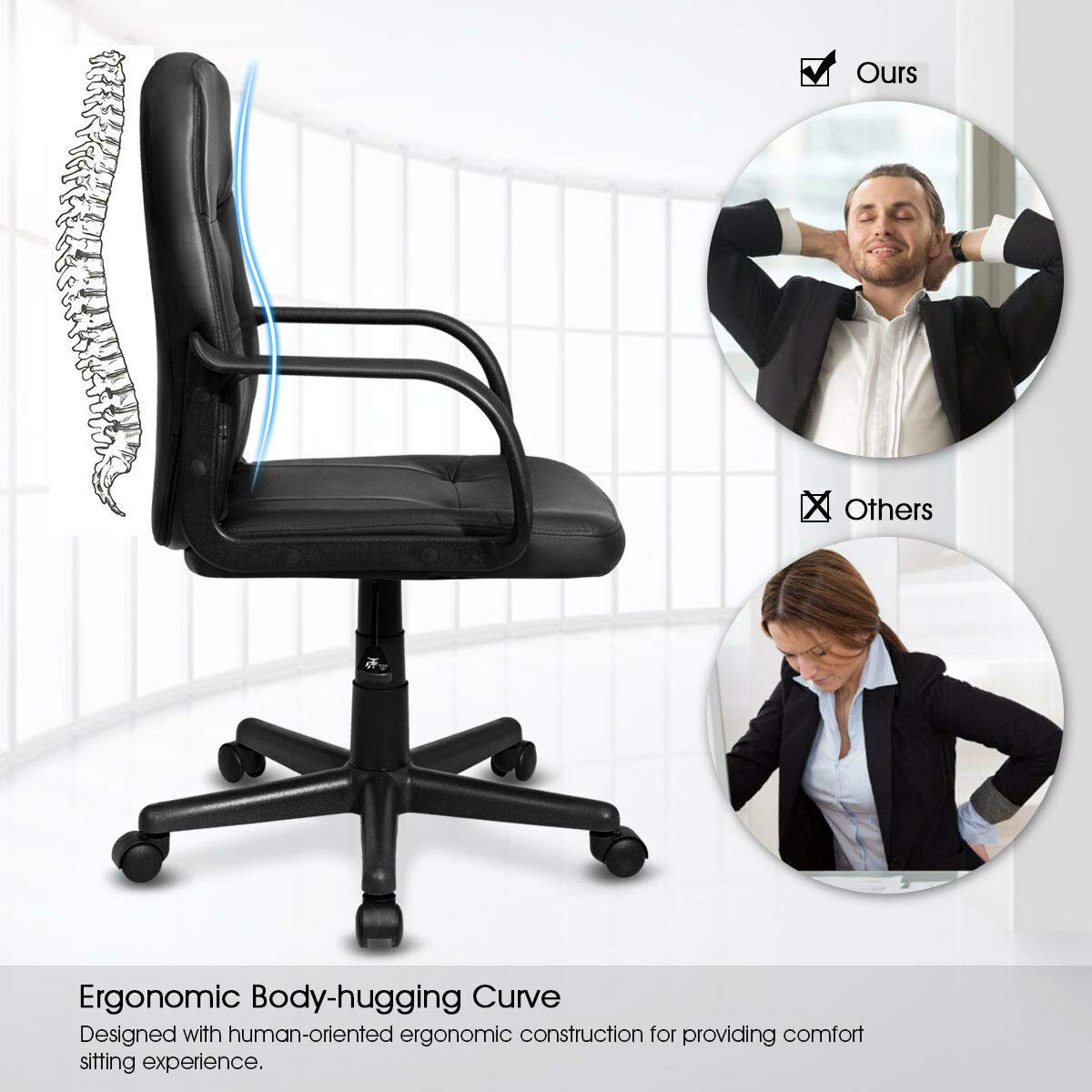 KOMFOTT Executive Chair Mid Back Office W/Arms and Swivel Wheels