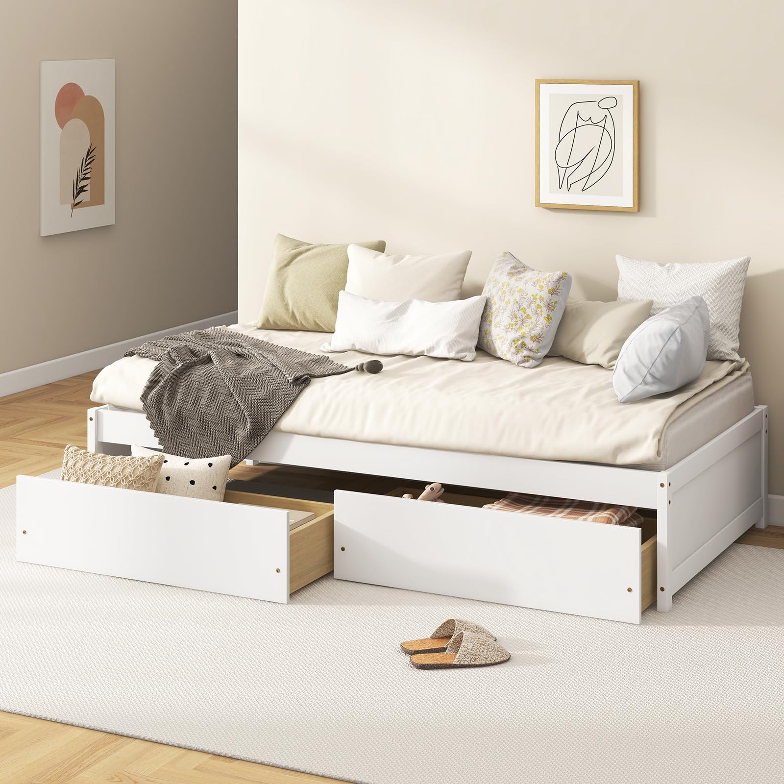 KOMFOTT Twin Bed Frame with 2 Storage Drawers, Solid Wood Platform Bed with Slats Support