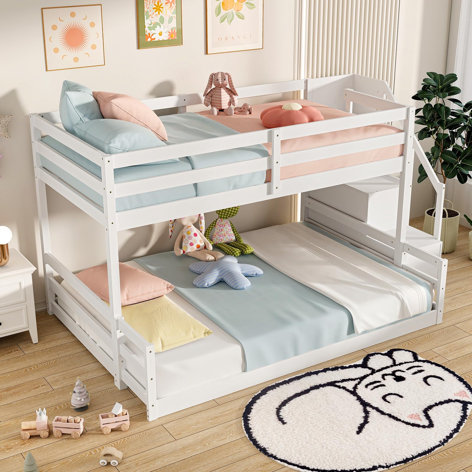 KOMFOTT Bunk Bed with Stairs, Solid Wood Floor Bunk Bed with Storage Staircase & Full-Length Guardrails