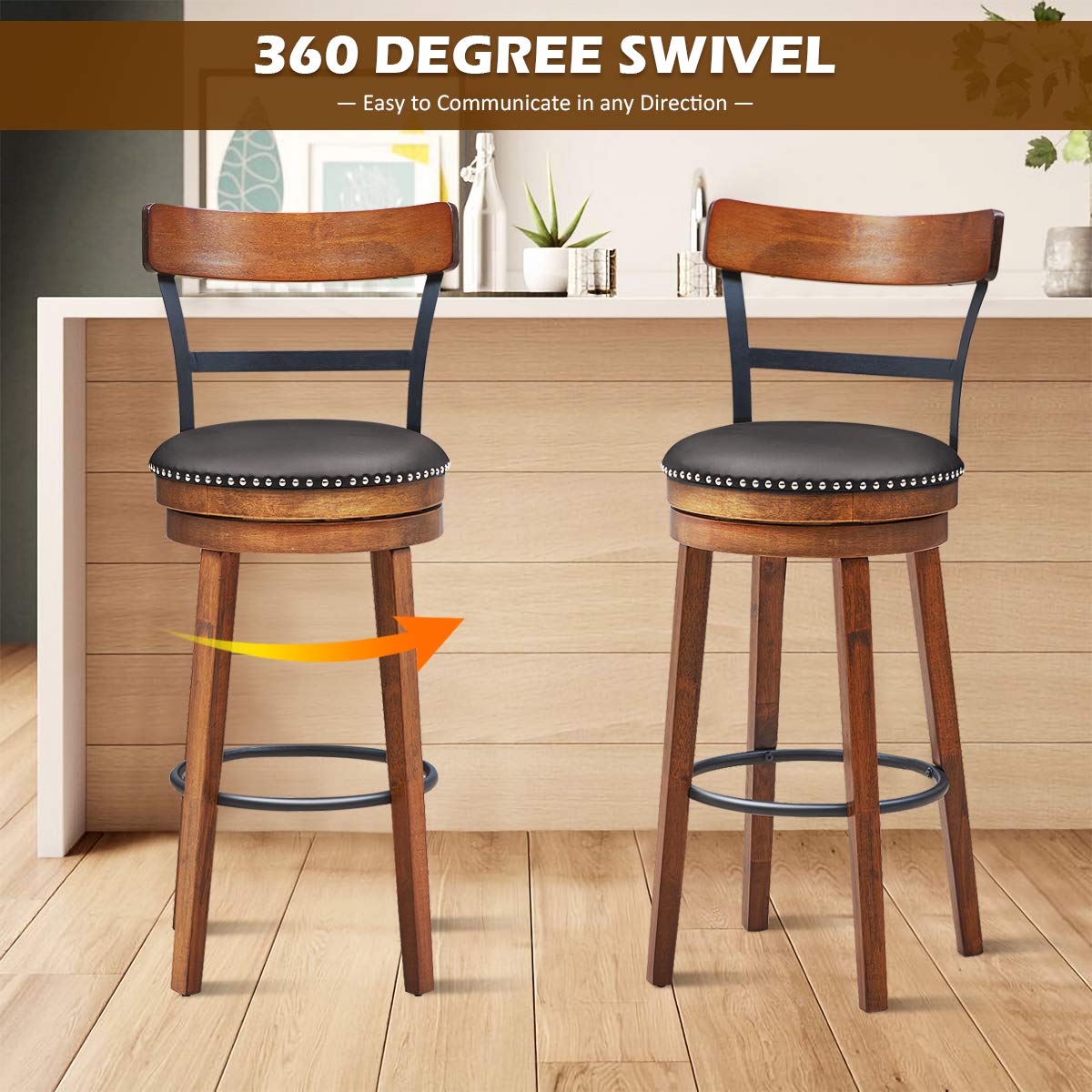 KOMFOTT Bar Stools Set of 1/2/4, 360-Degree Swivel Stools with Leather Padded Seat, Single Slat Ladder Back & Solid Rubber Wood Legs