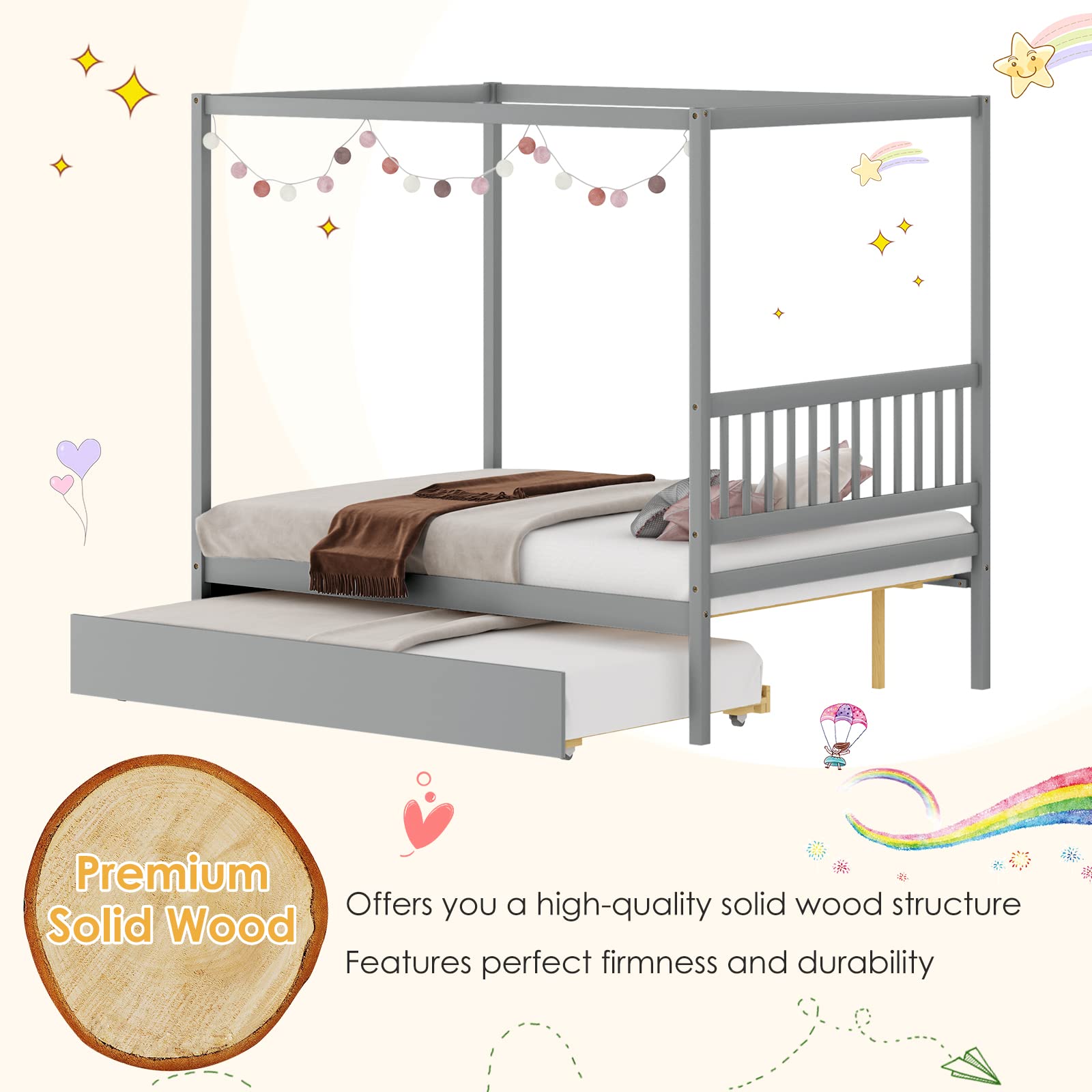 KOMFOTT Wood Canopy Bunk Bed with Trundle, Full Size Solid Wood Platform Bed with Headboard