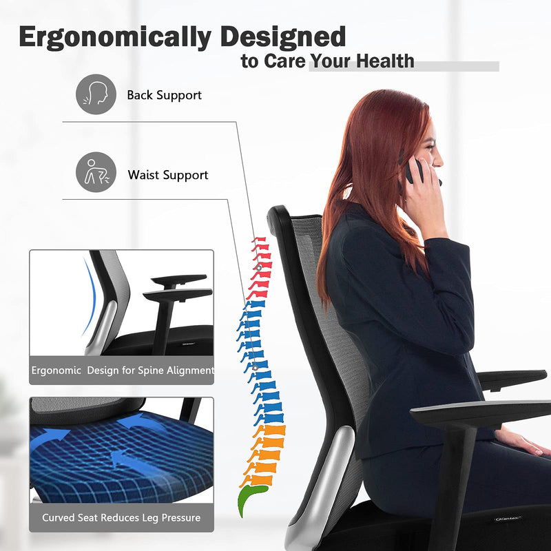 KOMFOTT Ergonomic Office Chair, Mesh Desk Chair with Adjustable Seat Depth, Computer Chair with Wheels and Rocking Function