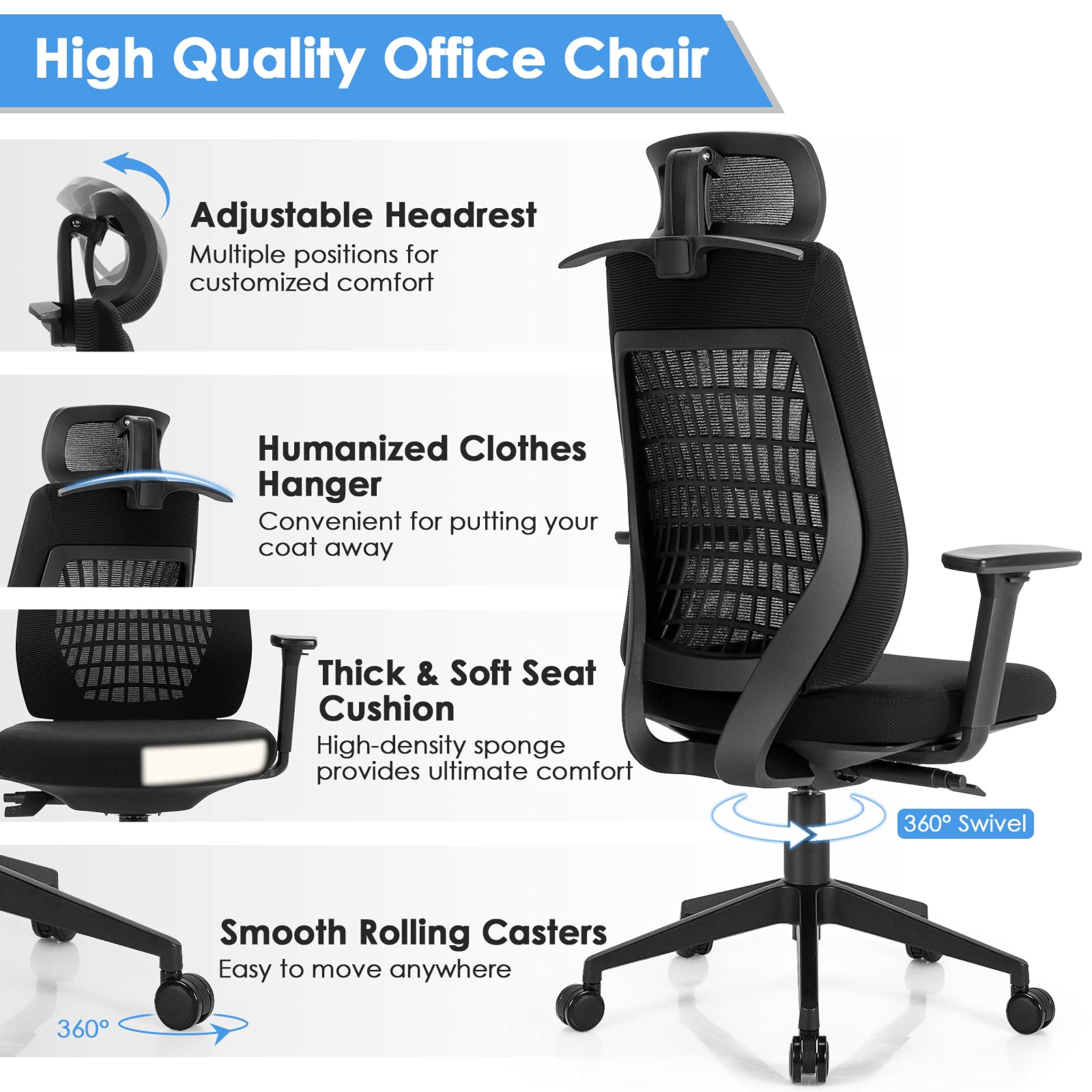 KOMFOTT Ergonomic Mesh Office Chair, Reclining High Back Swivel Executive Chair w/ 3D Armrests, Rotatable Headrest