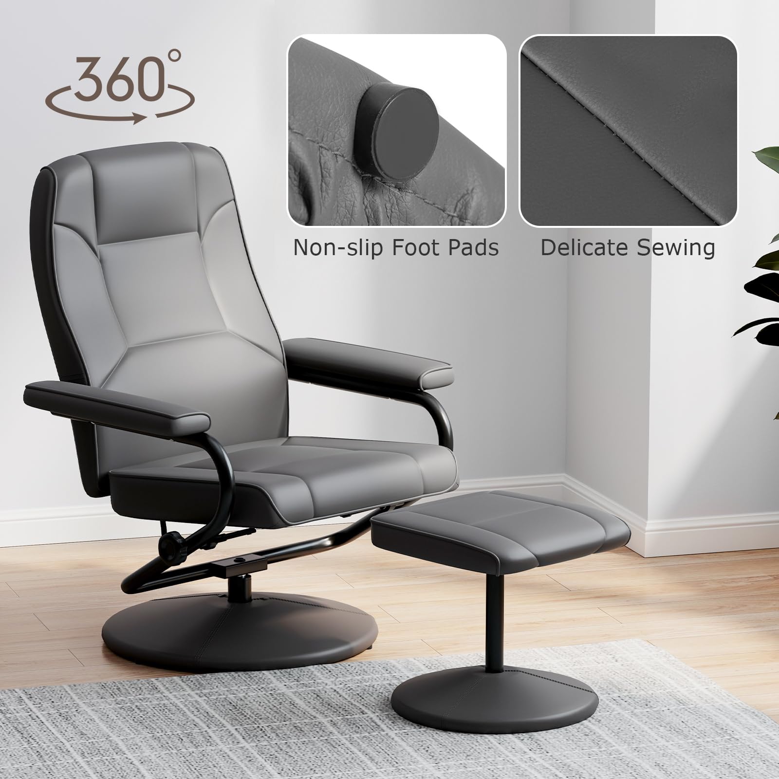 KOMFOTT Recliner Chair with Ottoman, 360° Swivel Faux Leather Reclining Chair w/Adjustable Backrest, Footrest