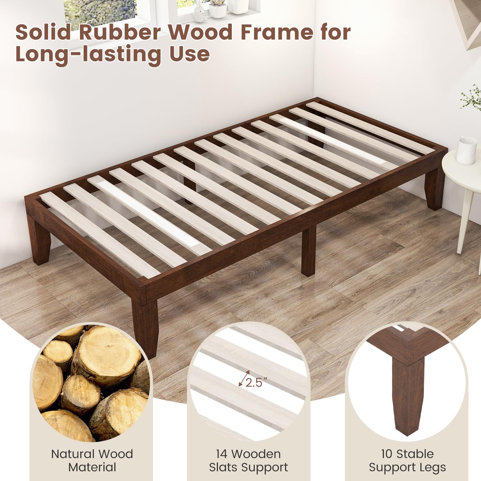 KOMFOTT 14 Inches Wood Platform Bed Frame, Solid Wood Mattress Foundation with Rubber Wood Frame