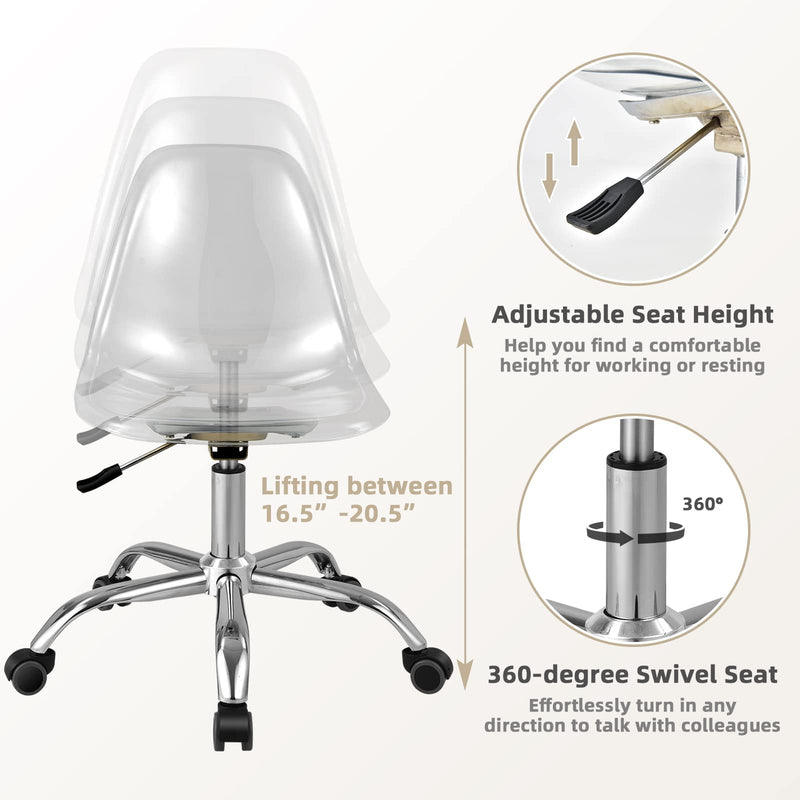 KOMFOTT Acrylic Clear Desk Chair, Armless Swivel Vanity Ghost Plastic Chair with Sturdy Metal Base & Smooth Wheels