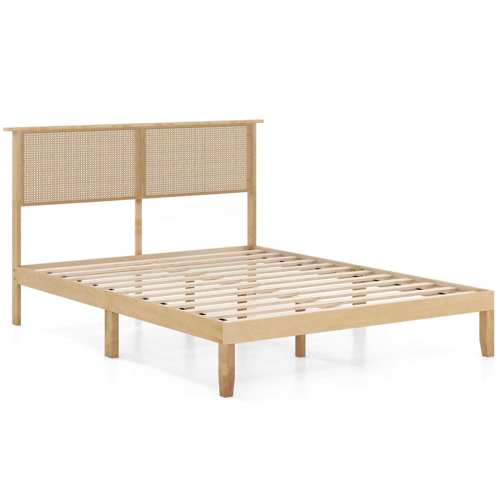 KOMFOTT Rattan Bed Frame with Rattan Headboard, Boho Solid Wood Platform Bed with Wooden Slats