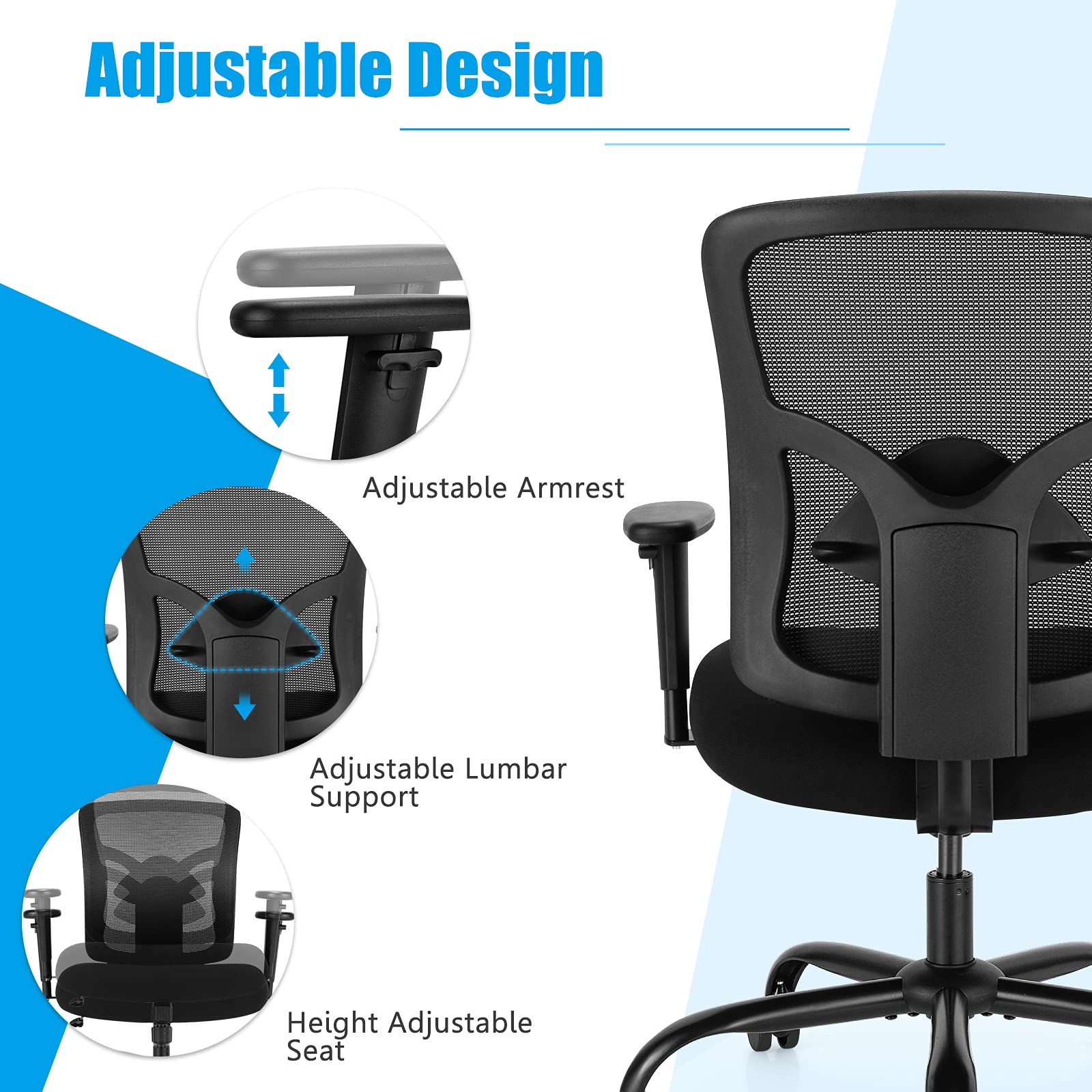 KOMFOTT Mesh Office Computer Chair, 400 lbs Big and Tall Ergonomic Executive Chair with Adjustable Height and Armrest, Lumbar Support