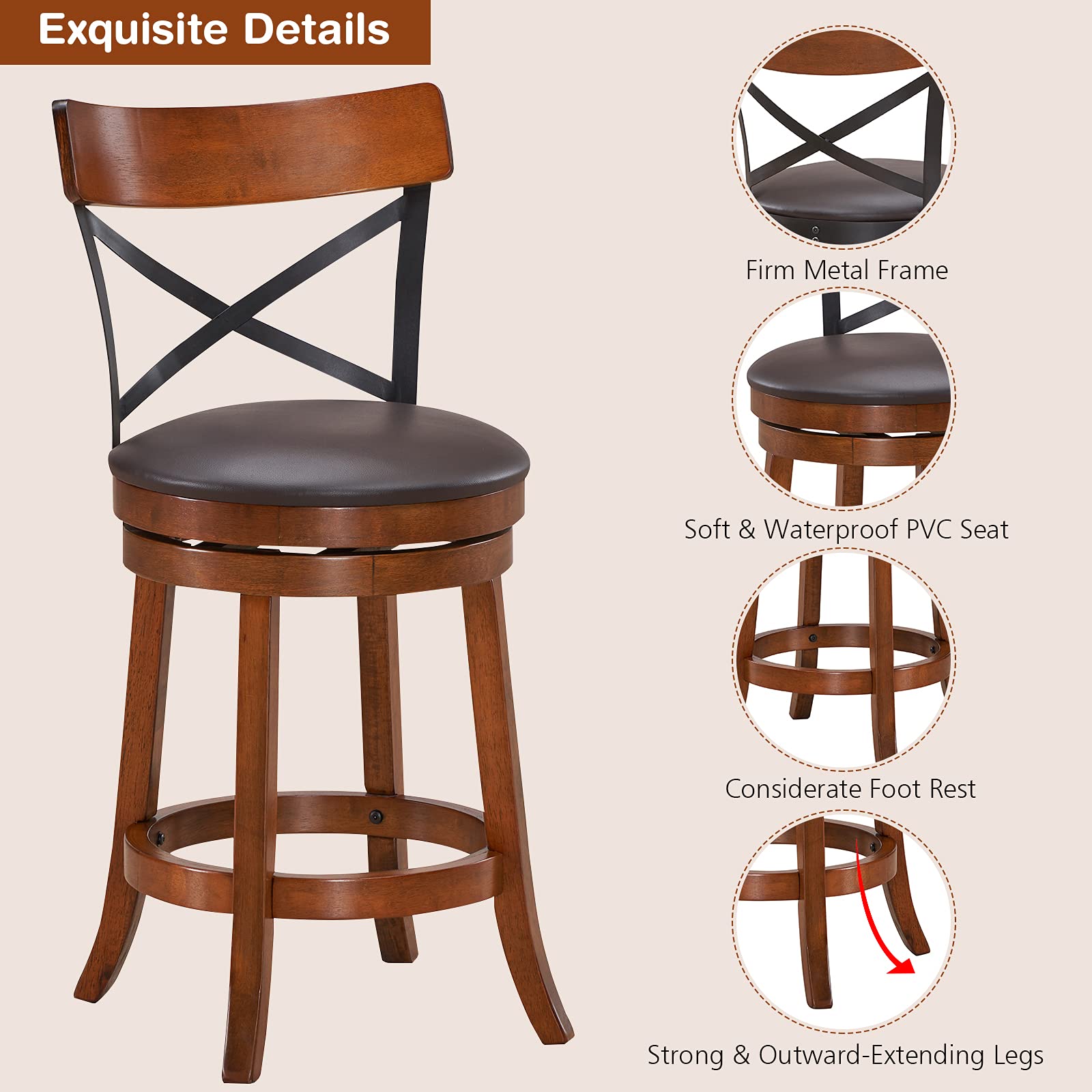 KOMFOTT Bar Stool Set of 2/4, 360-Degree Swivel Solid Wood Stools with Soft Cushion & Backrest