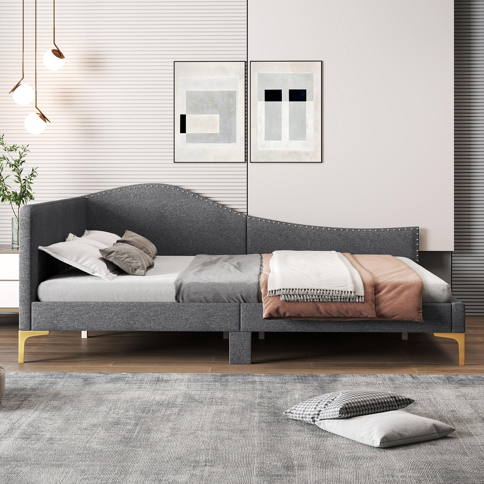 KOMFOTT Rivet-Tufted Platform Bed Frame with Headboard, Metal Legs & Wood Slats, L-Shaped Corner Sofa Bed