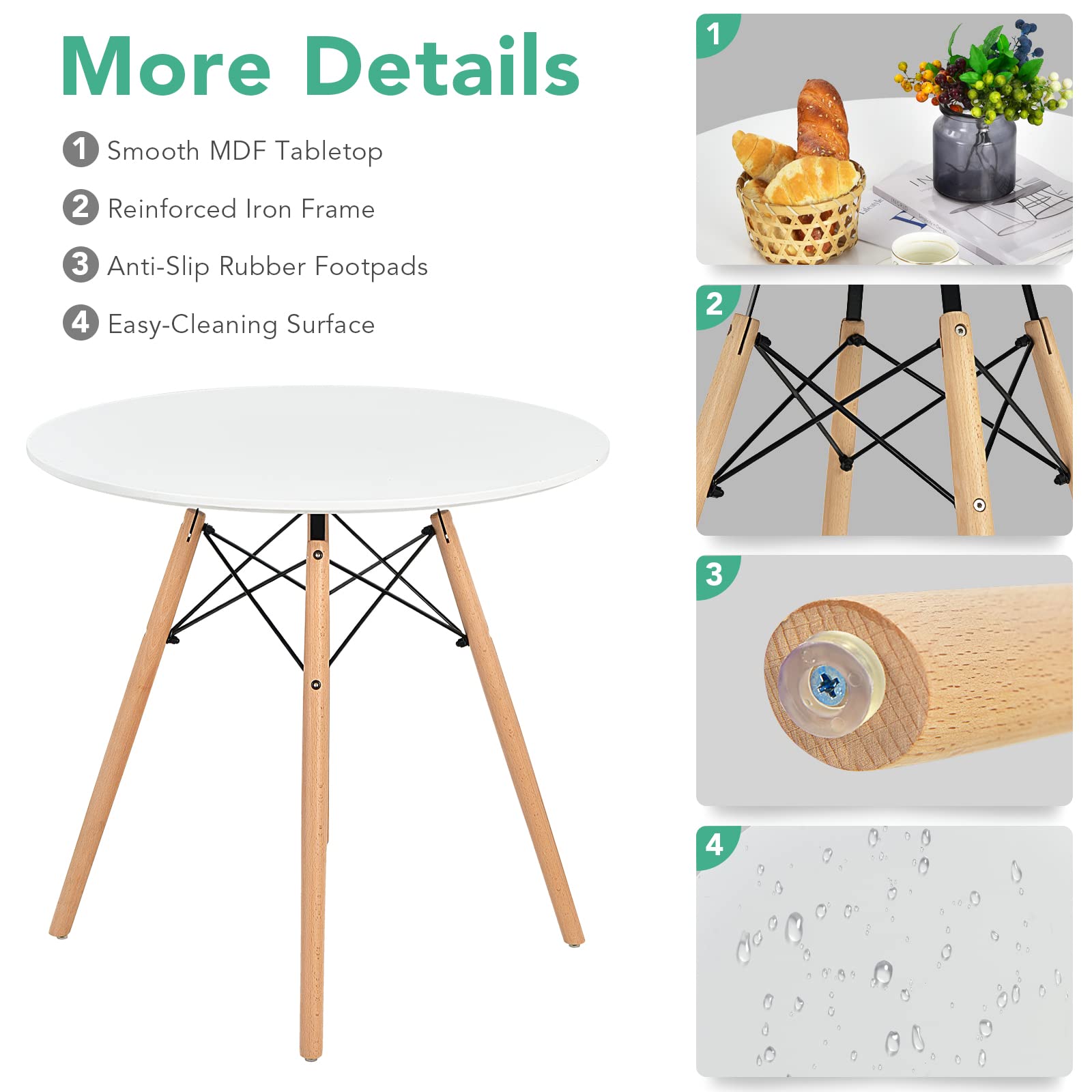 KOMFOTT Round Dining Table Set for 4, Modern 31.5" D Dining Table & 4 Dining Chairs with Solid Wood Legs