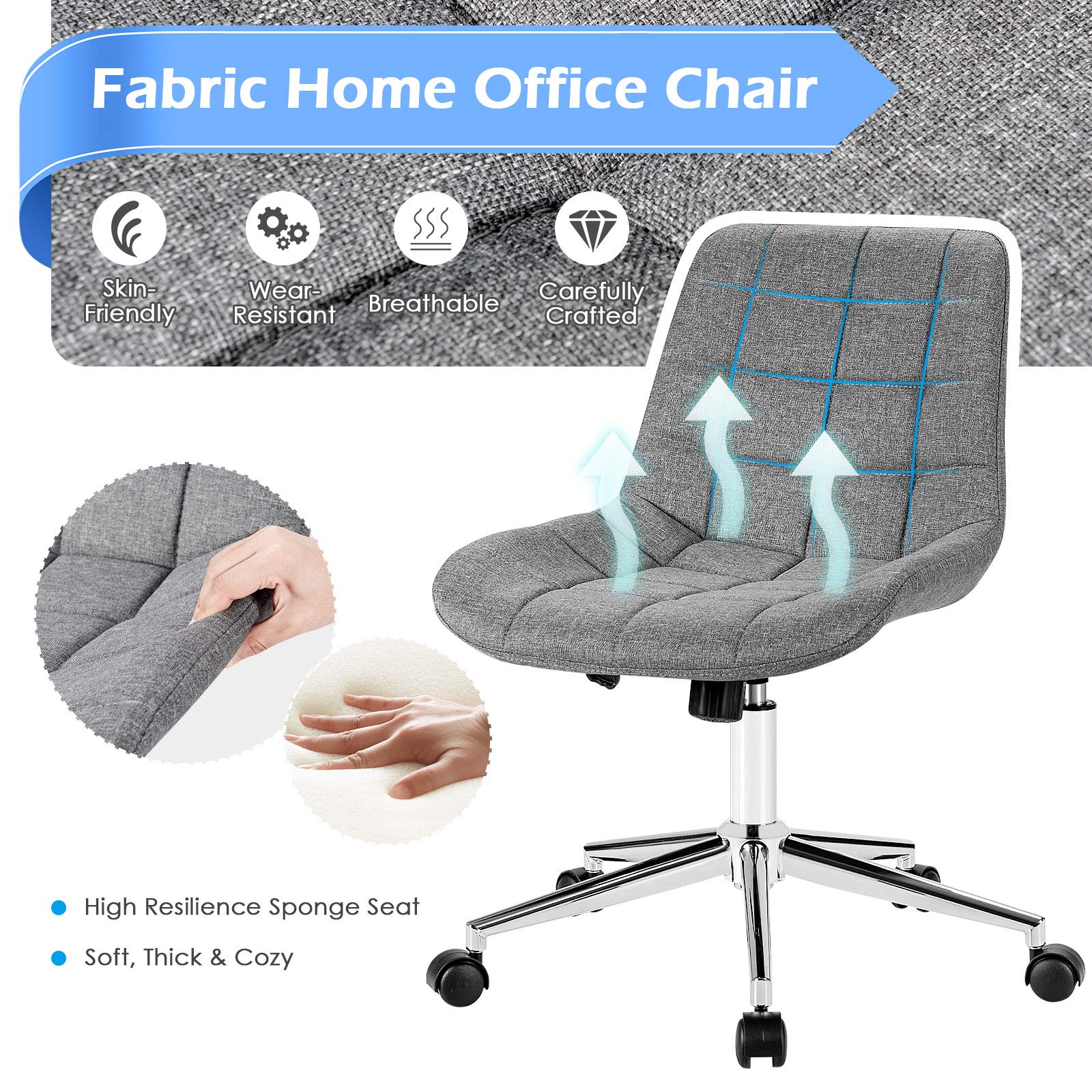 KOMFOTT Modern Home Office Chair, Fabric Armless Leisure Chair w/Stable Metal Base and Rocking Function