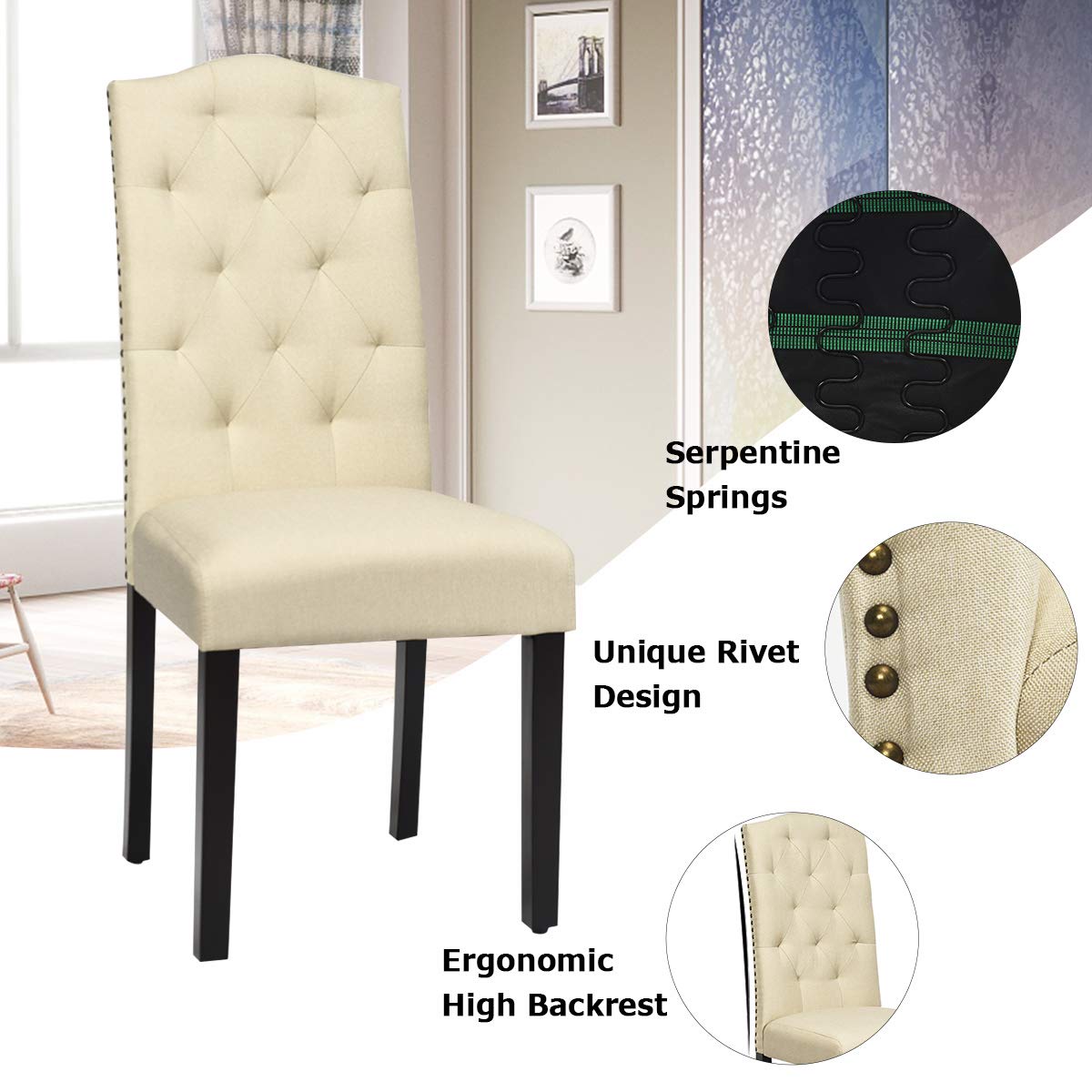 KOMFOTT Set of 2/4 Tufted Fabric Dining Chairs with Padded Seat and Tall Backrest