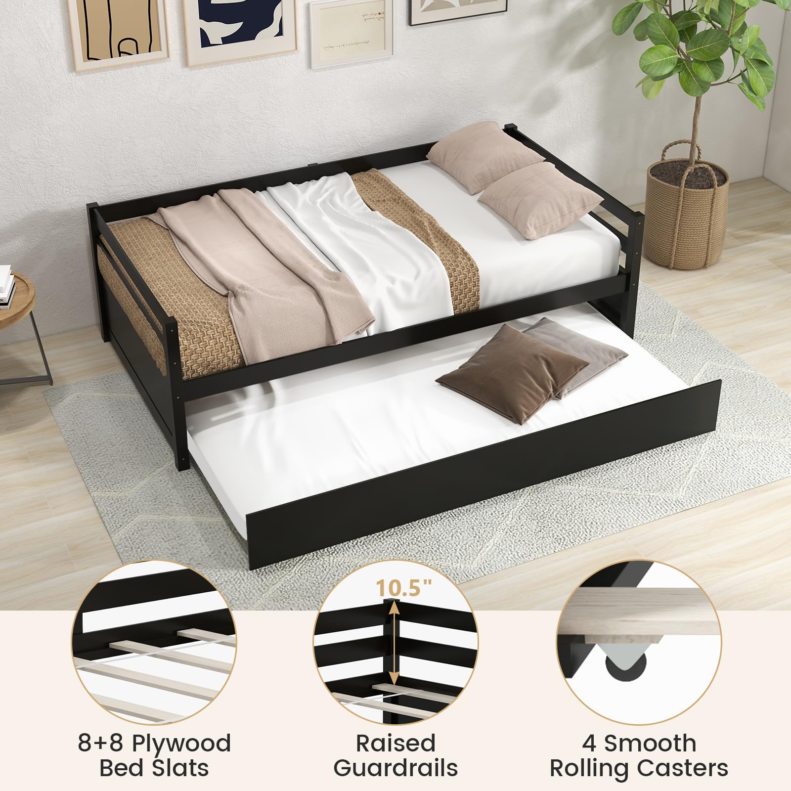 KOMFOTT Twin Daybed with Trundle, Wood Trundle Bed with Wood Slat Support