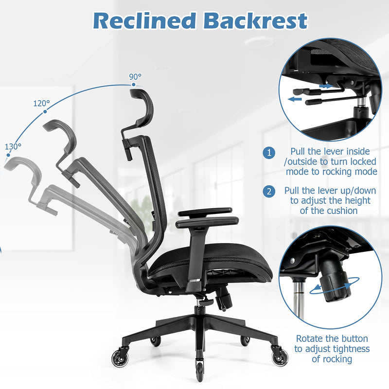 KOMFOTT Ergonomic Mesh Office Chair, Reclining Swivel Chair w/4D Armrest, Adjustable Lumbar Support & Headrest