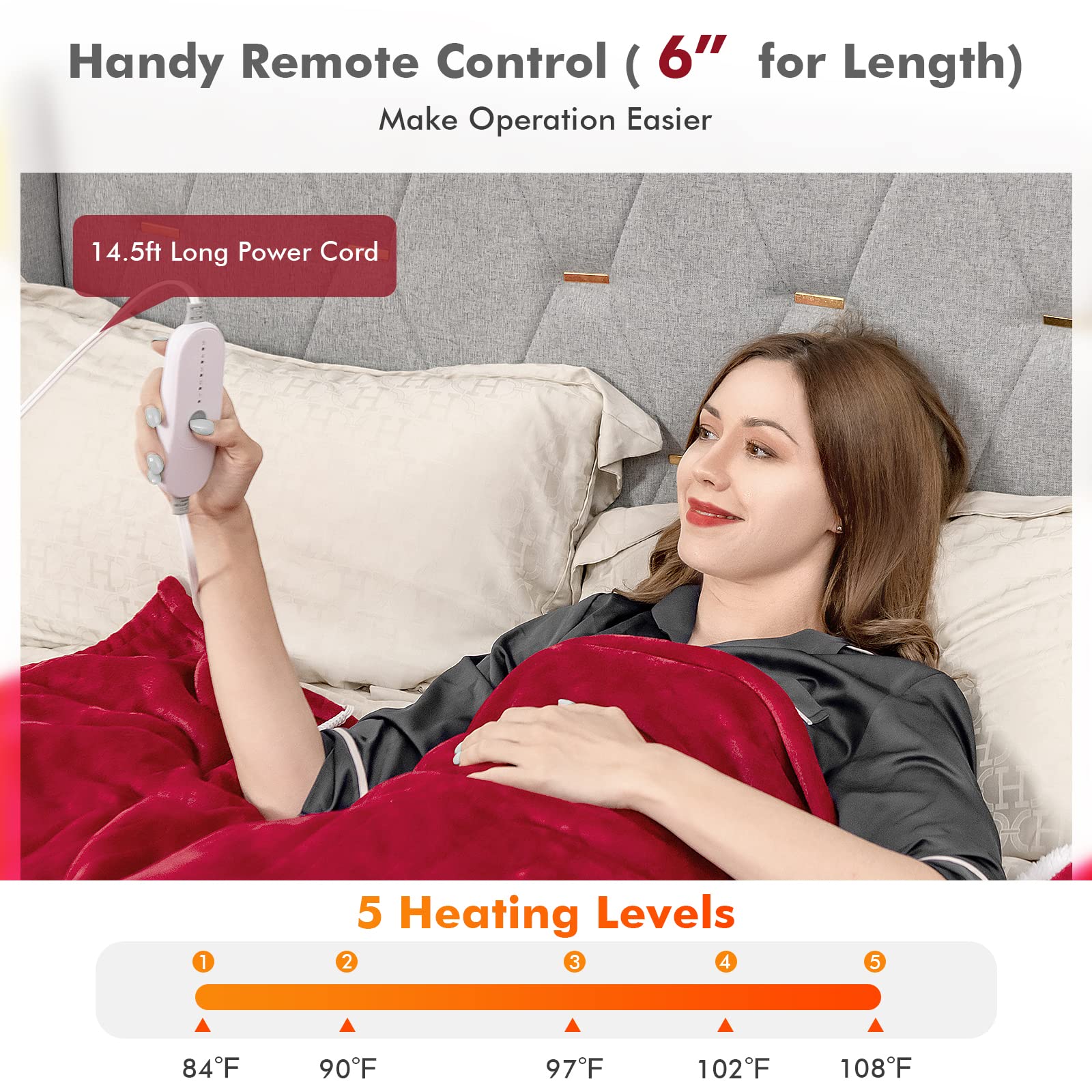 KOMFOTT 84” x 62” Electric Heated Throw Blanket w/ 5 Heating Levels 10 Hours Auto-Off Overheat Protection