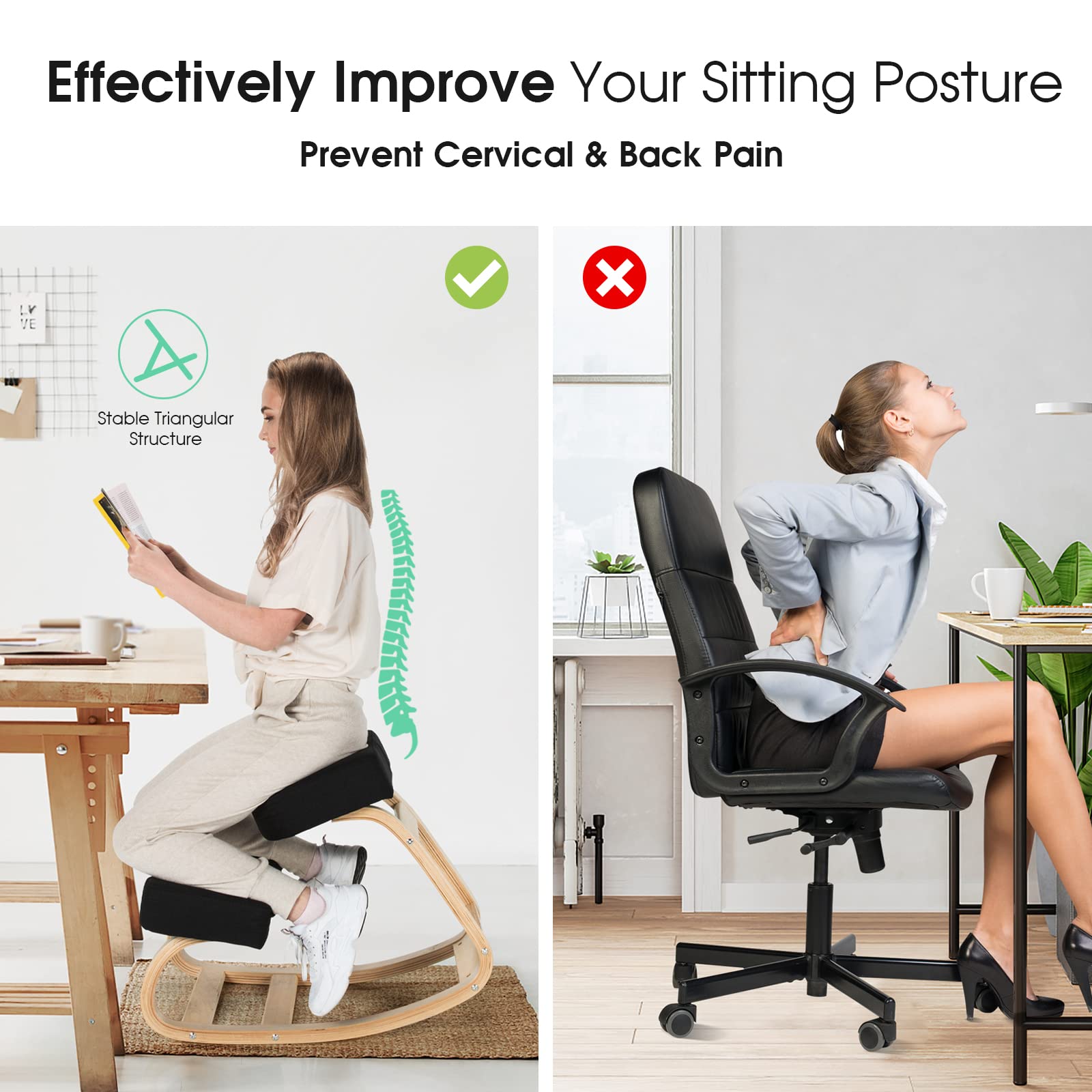 KOMFOTT Kneeling Chair, Wood Posture Chair, Max Load 330 Lbs, Rocking Knee Chair with Soft Cushion