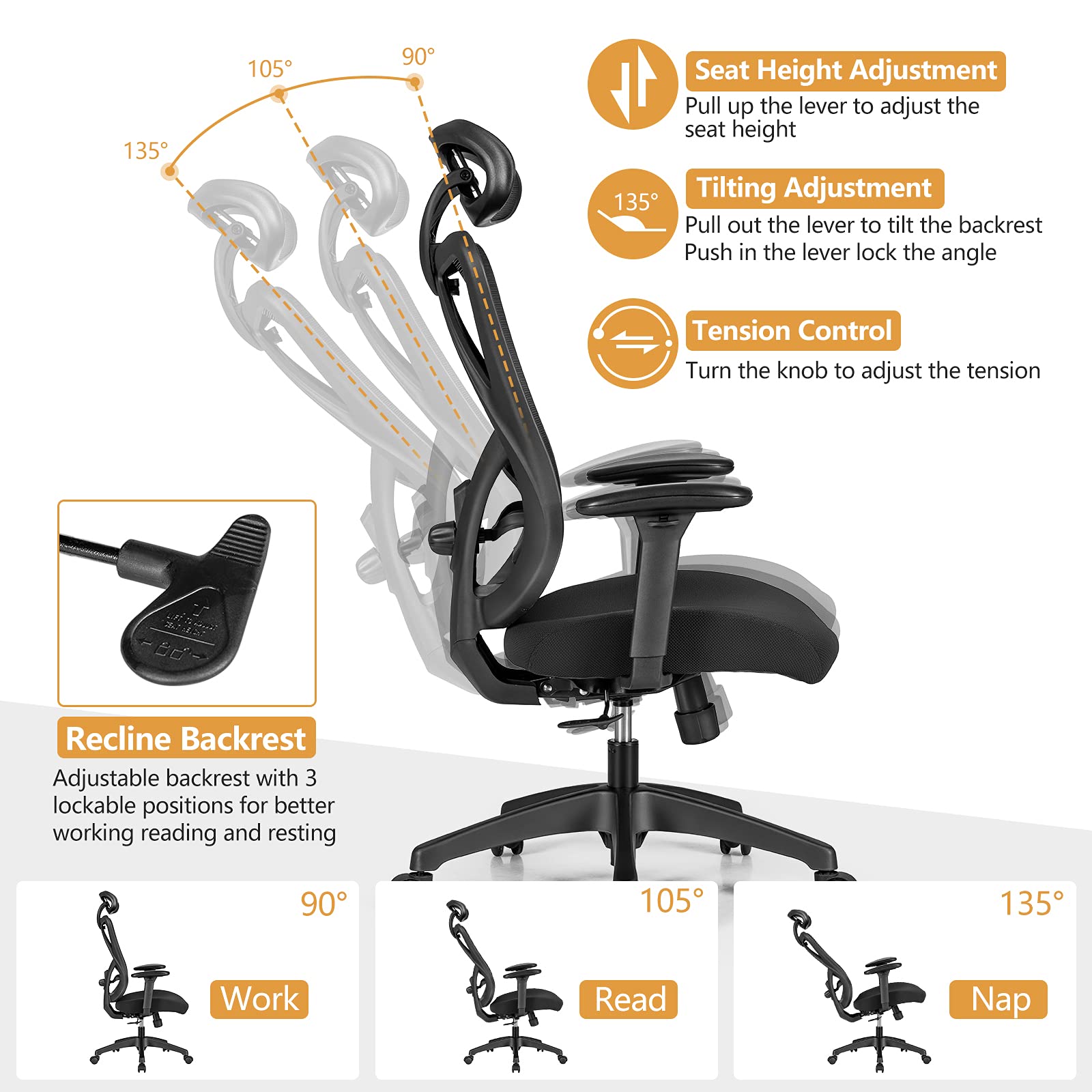 KOMFOTT Ergonomic Office Chair with Adjustable Lumbar Support, Armrests and Headrest