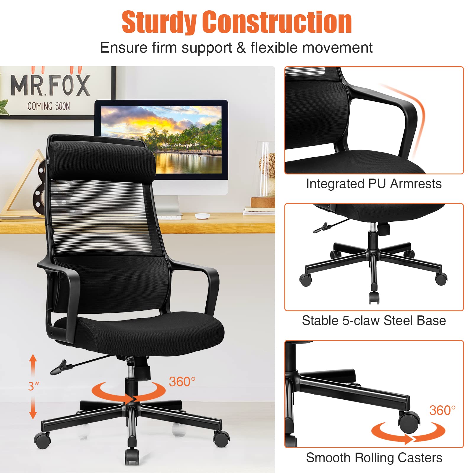 KOMFOTT High Back Mesh Heating Headrest and Lumbar Support Armrest, Ergonomic Computer, Executive Task Home Office Desk Chairs