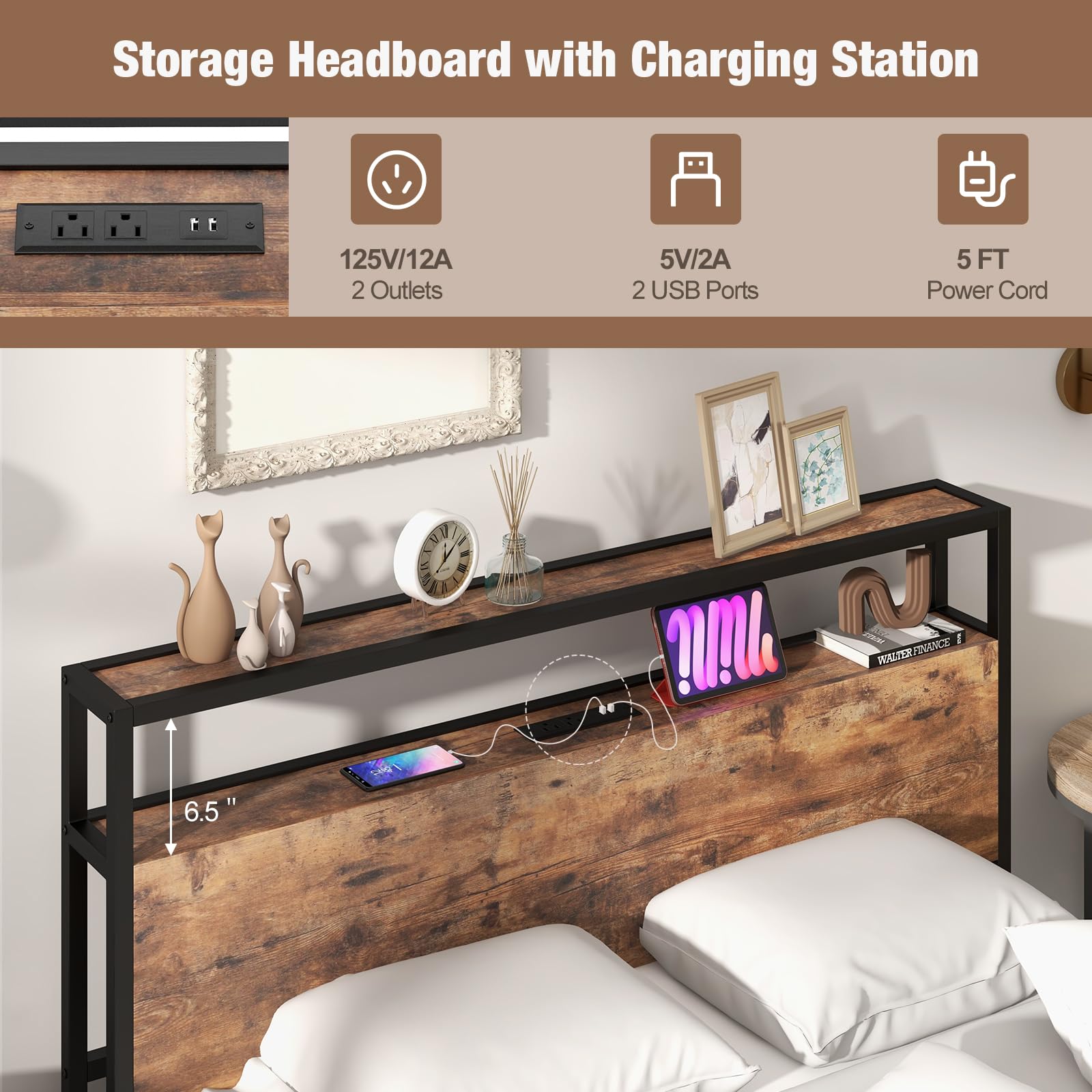 Full Bed Frame w/ Charging Station & 2 Storage Drawers - KOMFOTT