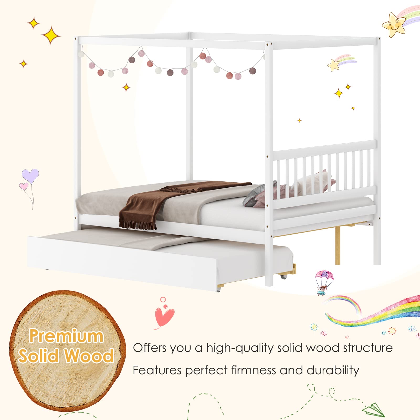 KOMFOTT Wood Canopy Bunk Bed with Trundle, Full Size Solid Wood Platform Bed with Headboard