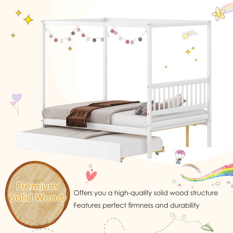 KOMFOTT Wood Canopy Bed with Trundle, Full Size Kids Solid Wood Platform Bed Frame with Headboard