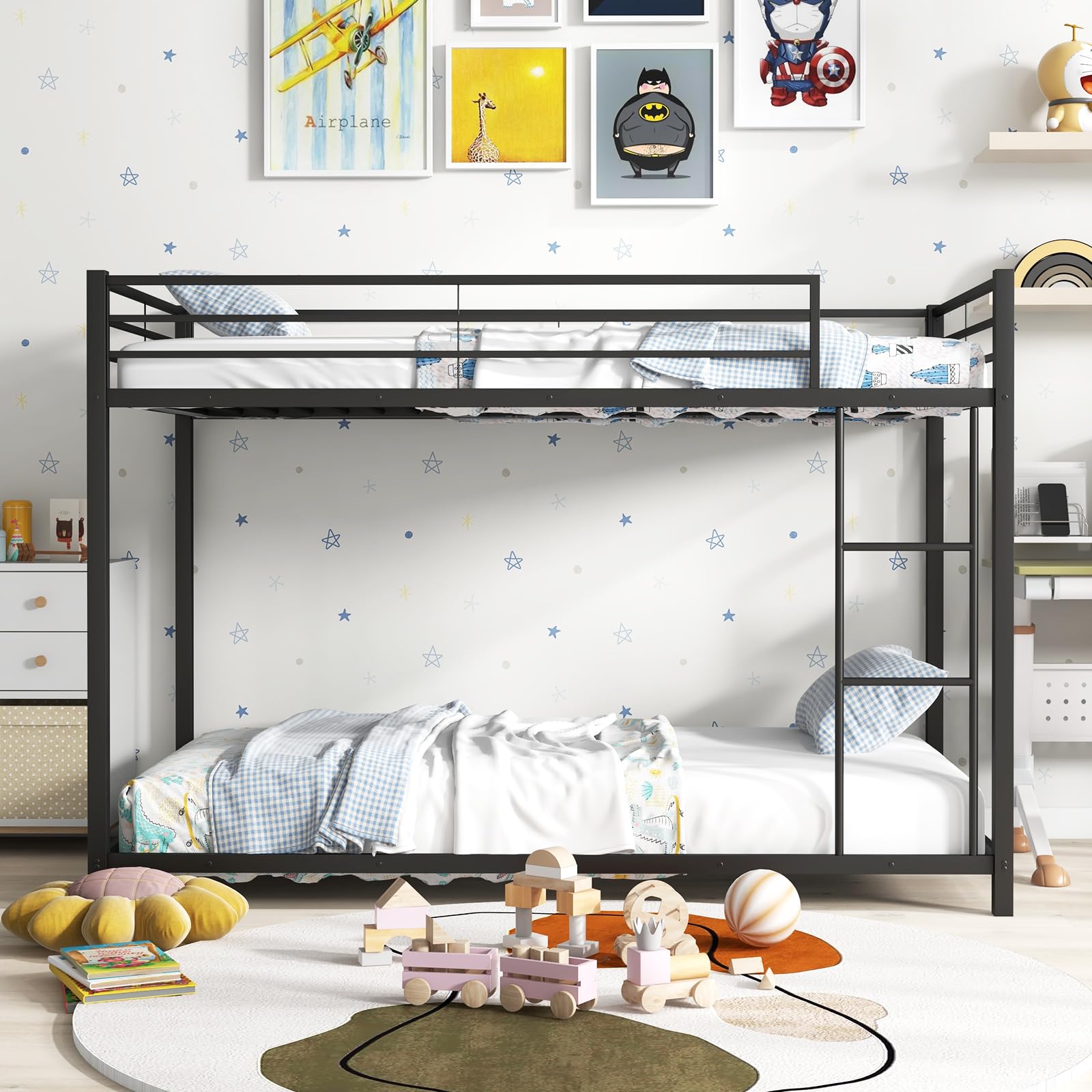 KOMFOTT Metal Bunk Bed Twin Over Twin, Classic Bunk Bed Frame with Safety Guard Rails & Side Ladder