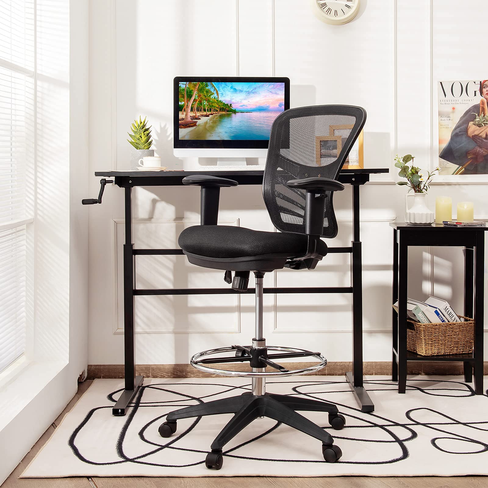 KOMFOTT Drafting Chair, Standing Desk Chair with Lumbar Support, Footrest Ring & Armrests