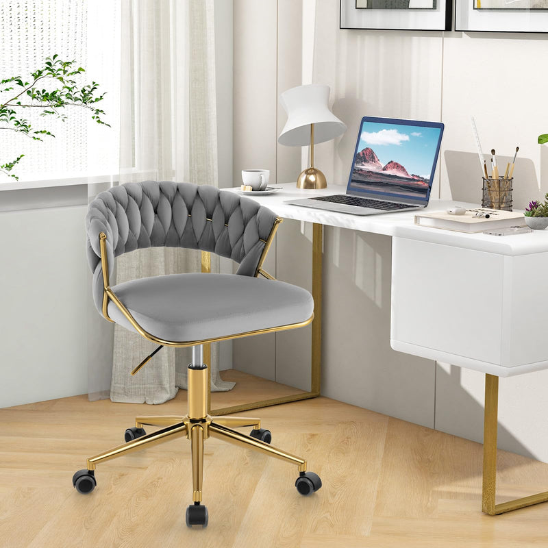 KOMFOTT Velvet Office Desk Chair, Upholstered Makeup Vanity Chair w/Woven Back & Gold Base