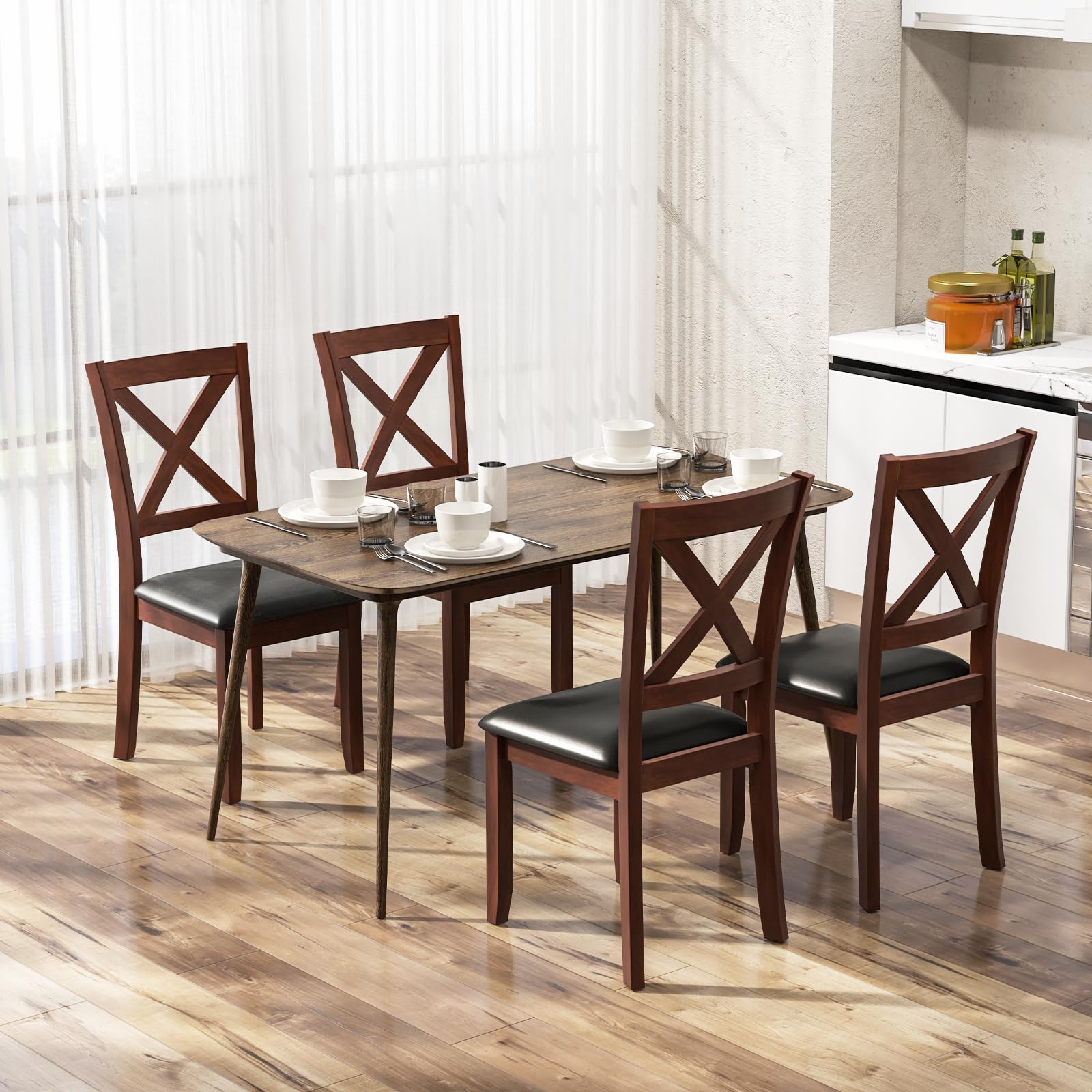 KOMFOTT Wood Dining Chairs Set of 2/4, Faux Leather Upholstered Dining Chairs with Rubber Wood Legs