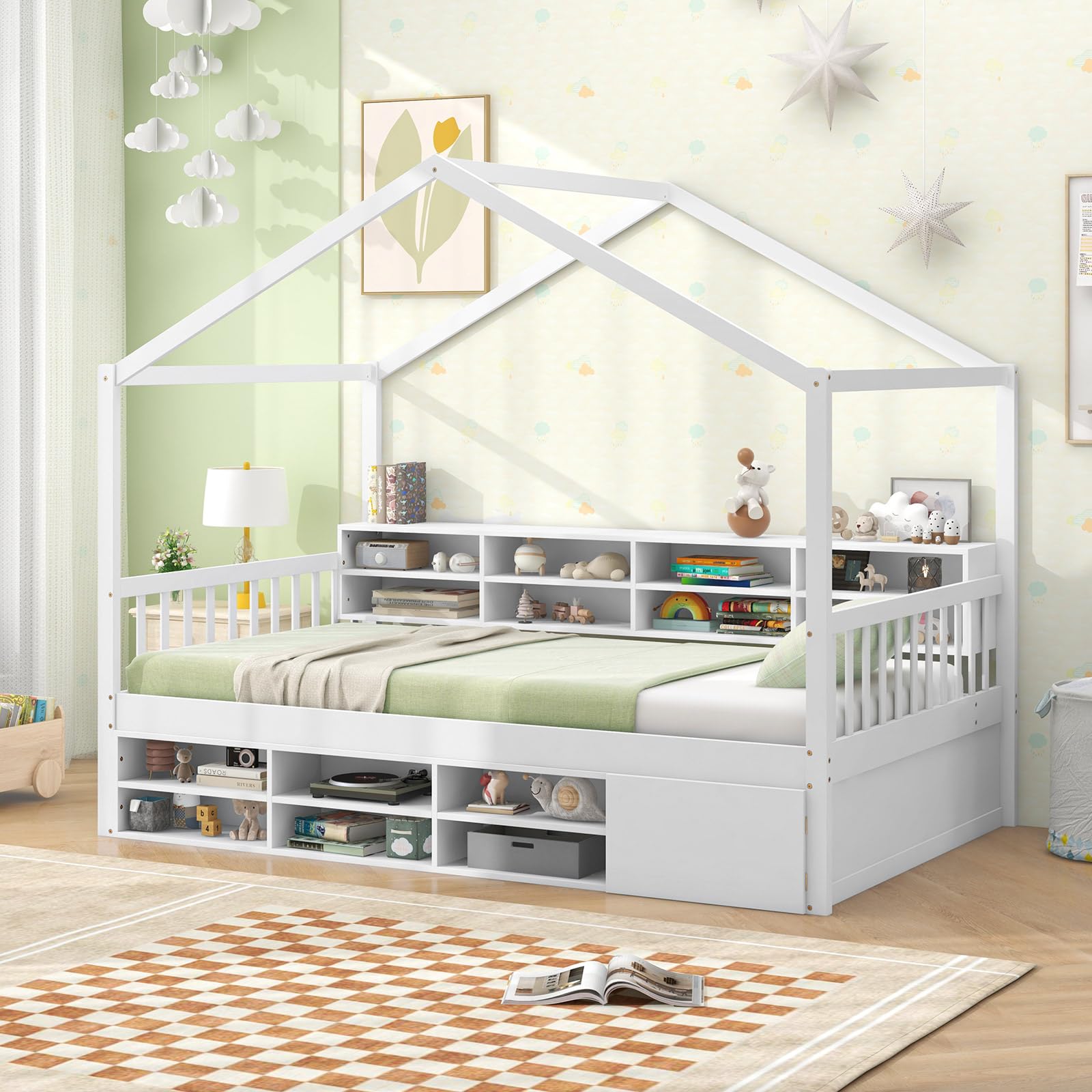 KOMFOTT Twin Size House Bed with Storage, Wooden Montessori House Bed with 14 Storage Cubes, Enclosed Cabinet, Wood Slats & Fencing