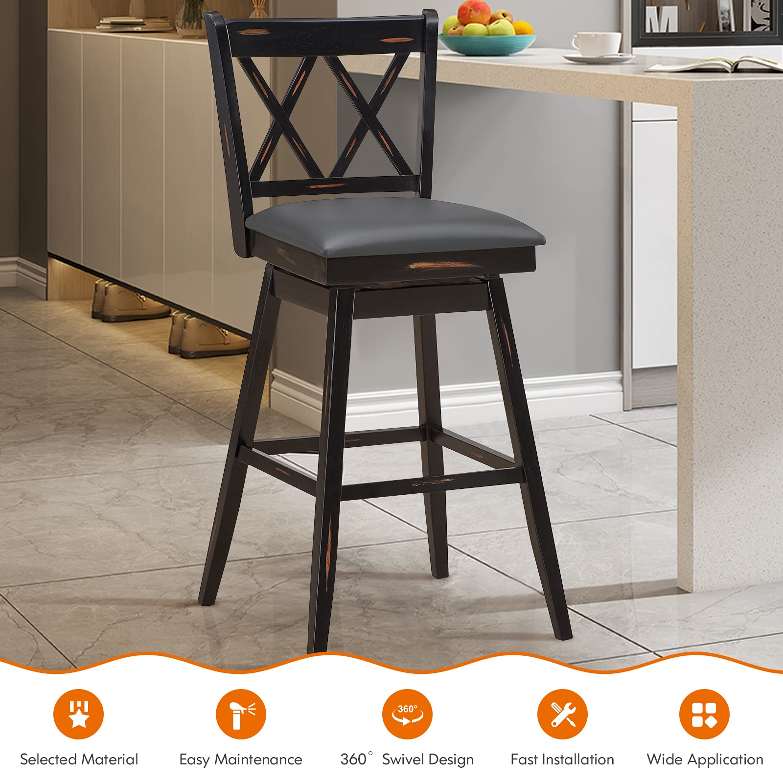 KOMFOTT Bar Stool Set of 2/4, 360 °Swivel Bar Stool with Foot Rest Upholstered Cushion & Ergonomic Backrest