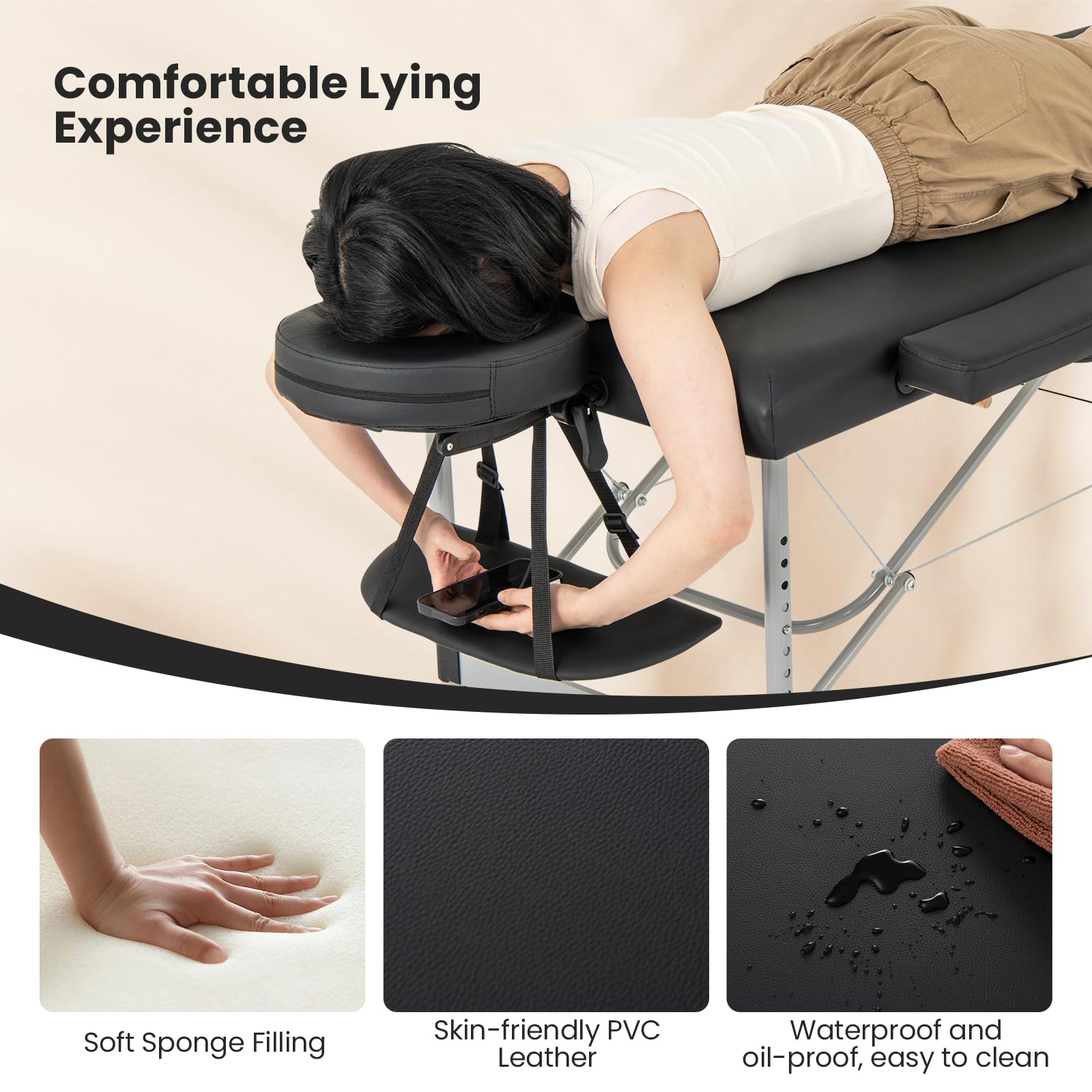 KOMFOTT Massage Table, Portable Massage Bed with Carrying Bag, 2 Fold Salon Spa Tattoo Bed, Height Adjustable