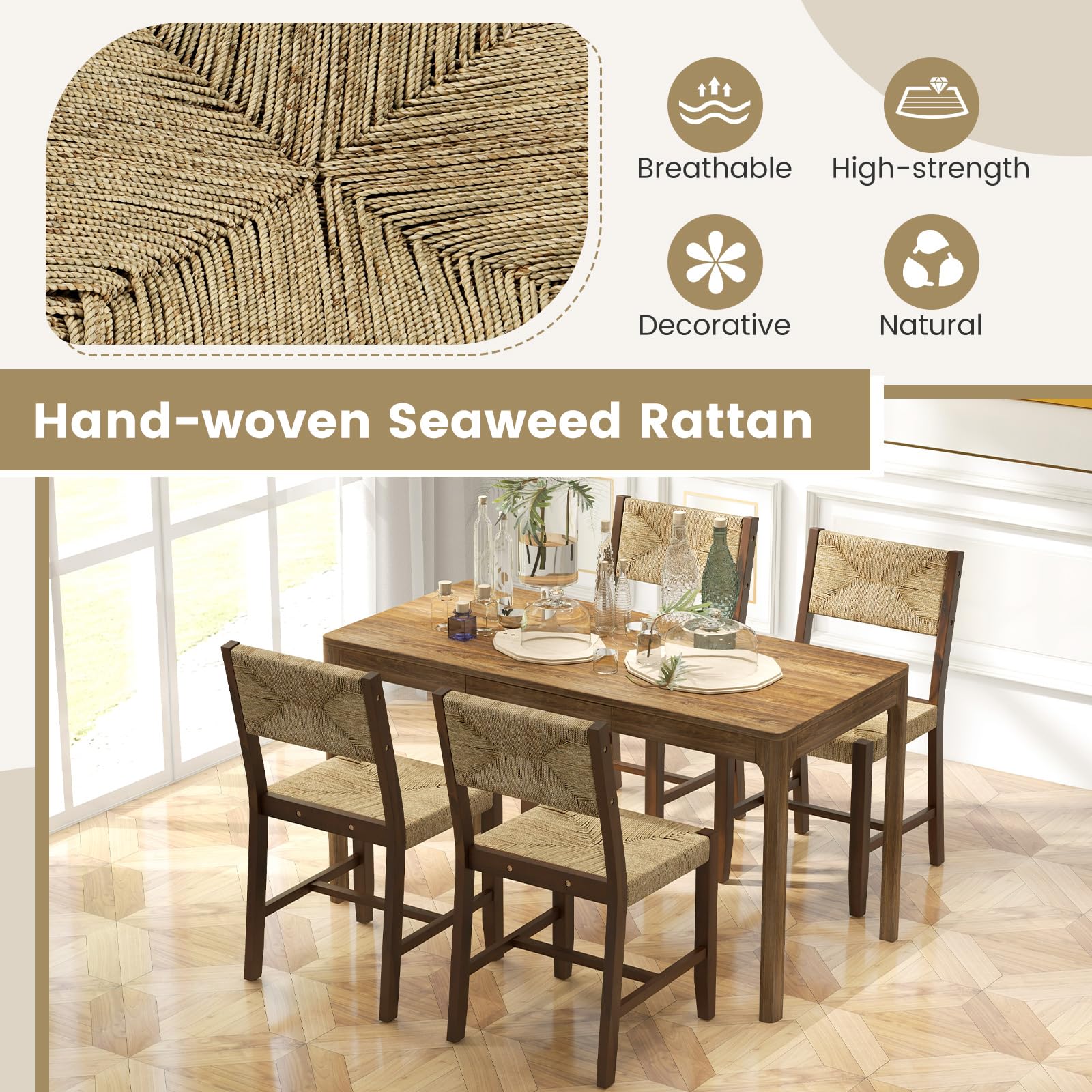 KOMFOTT Rattan Dining Chairs Set of 4, Farmhouse Cane Side Chairs w/Woven Seaweed Backrest & Seat