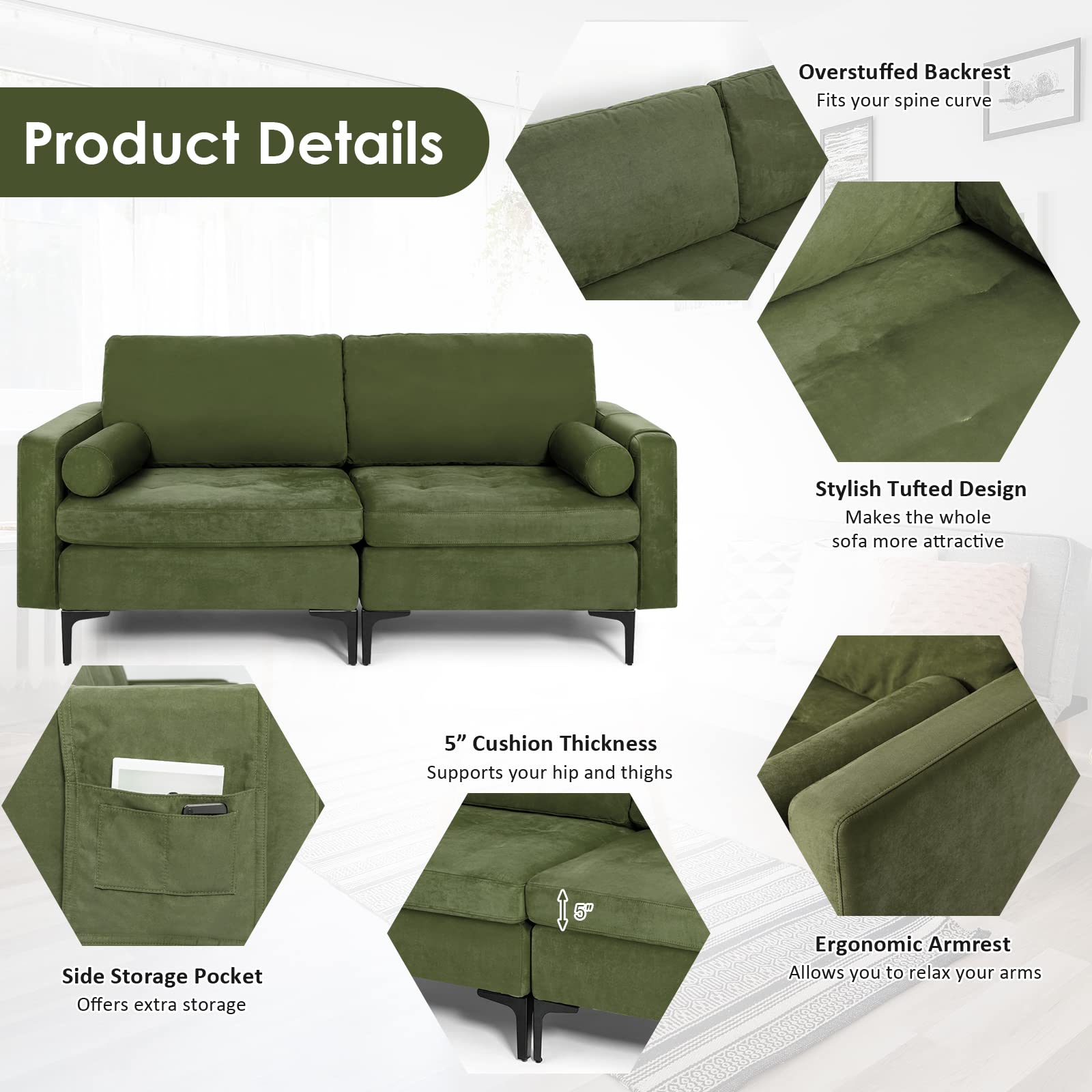 KOMFOTT Modern Accent Sofa w/Comfy Cushion Bolster for Bedroom Reception Room