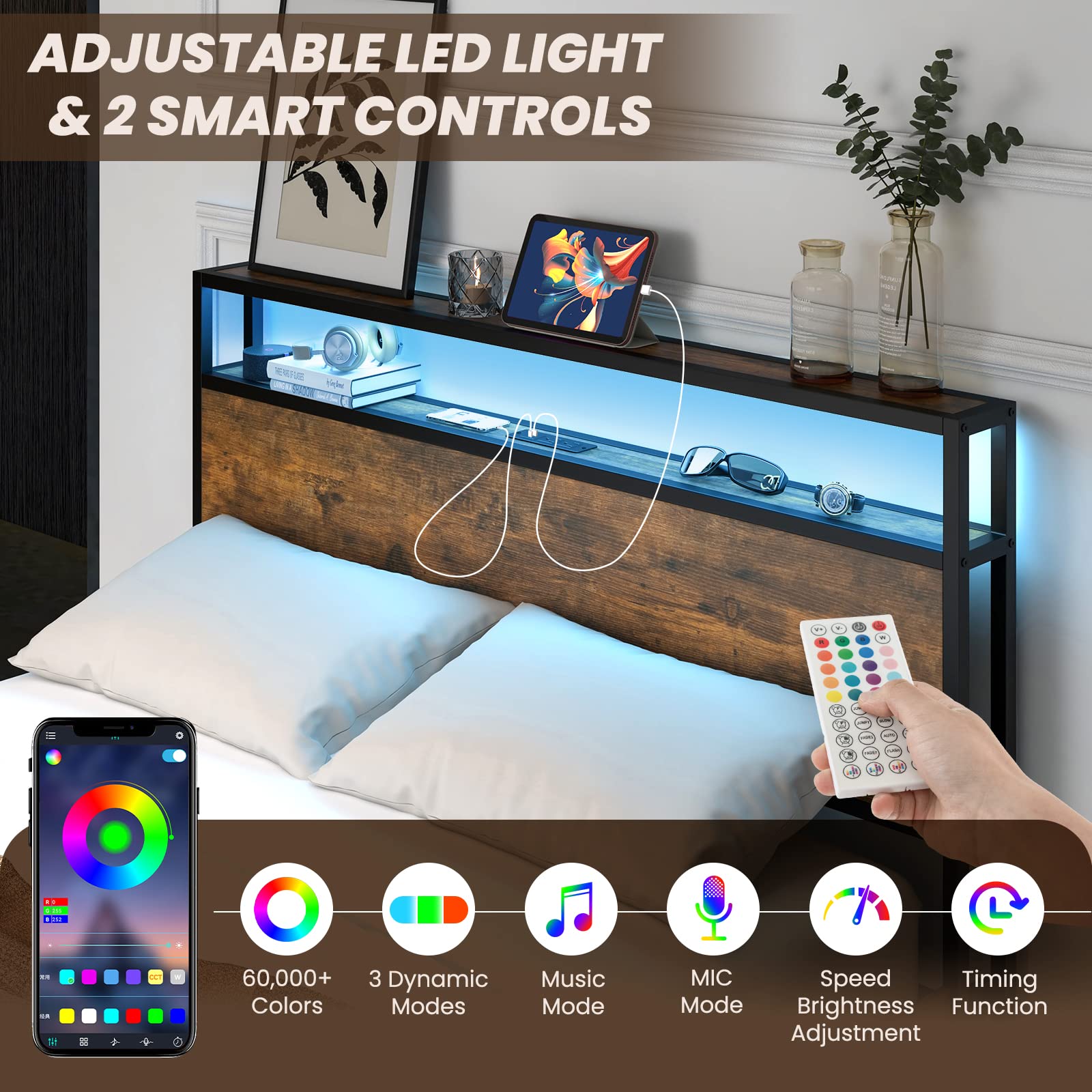 KOMFOTT Metal Bed Frame with LED Lights Headboard and 4 Storage Drawers, Outlets and USB Ports Charging Station