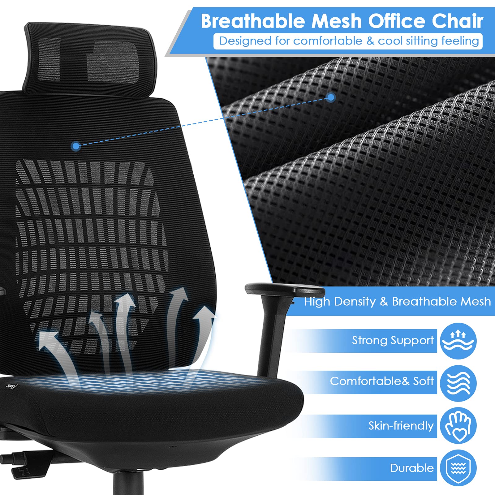 KOMFOTT Ergonomic Mesh Office Chair, Reclining High Back Swivel Executive Chair w/ 3D Armrests, Rotatable Headrest