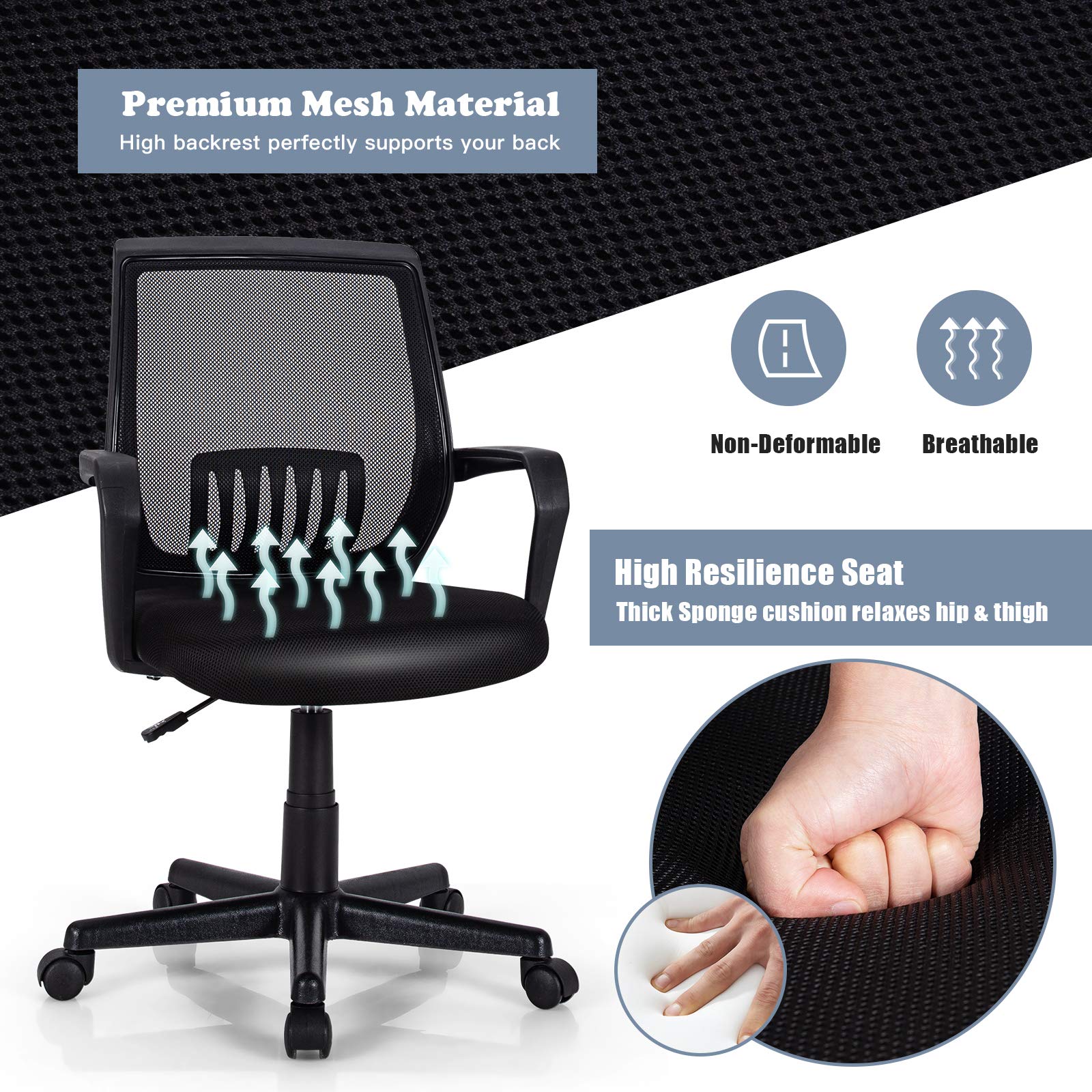 KOMFOTT Office Chair, Mesh Desk Chairs with Wheels, Lumbar Support, Waterfall Seat