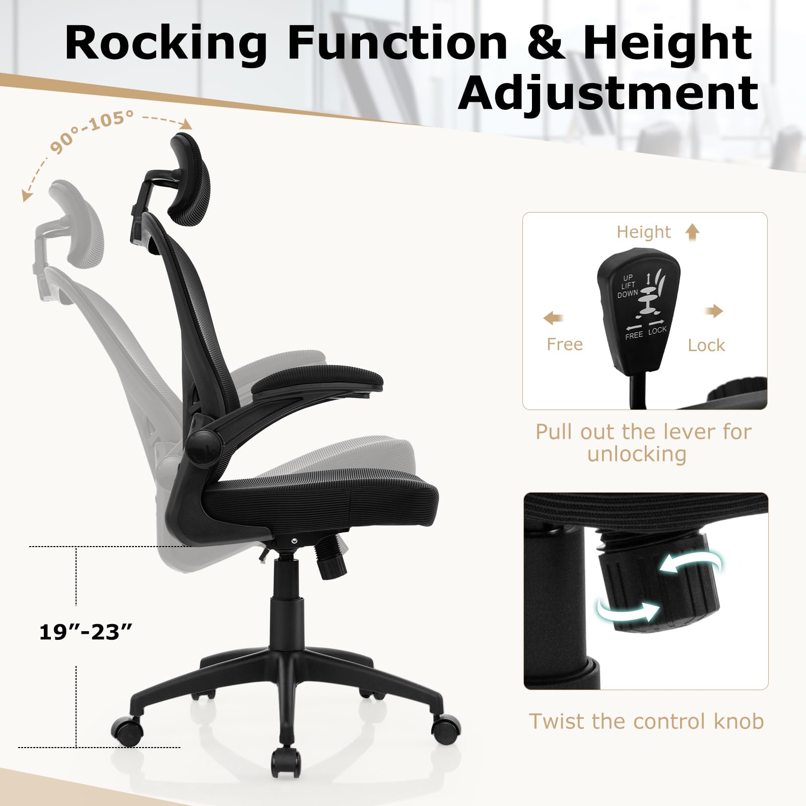 KOMFOTT Ergonomic Mesh Office Chair, Home Office Desk Chair with Adjustable Headrest and Lumbar Support