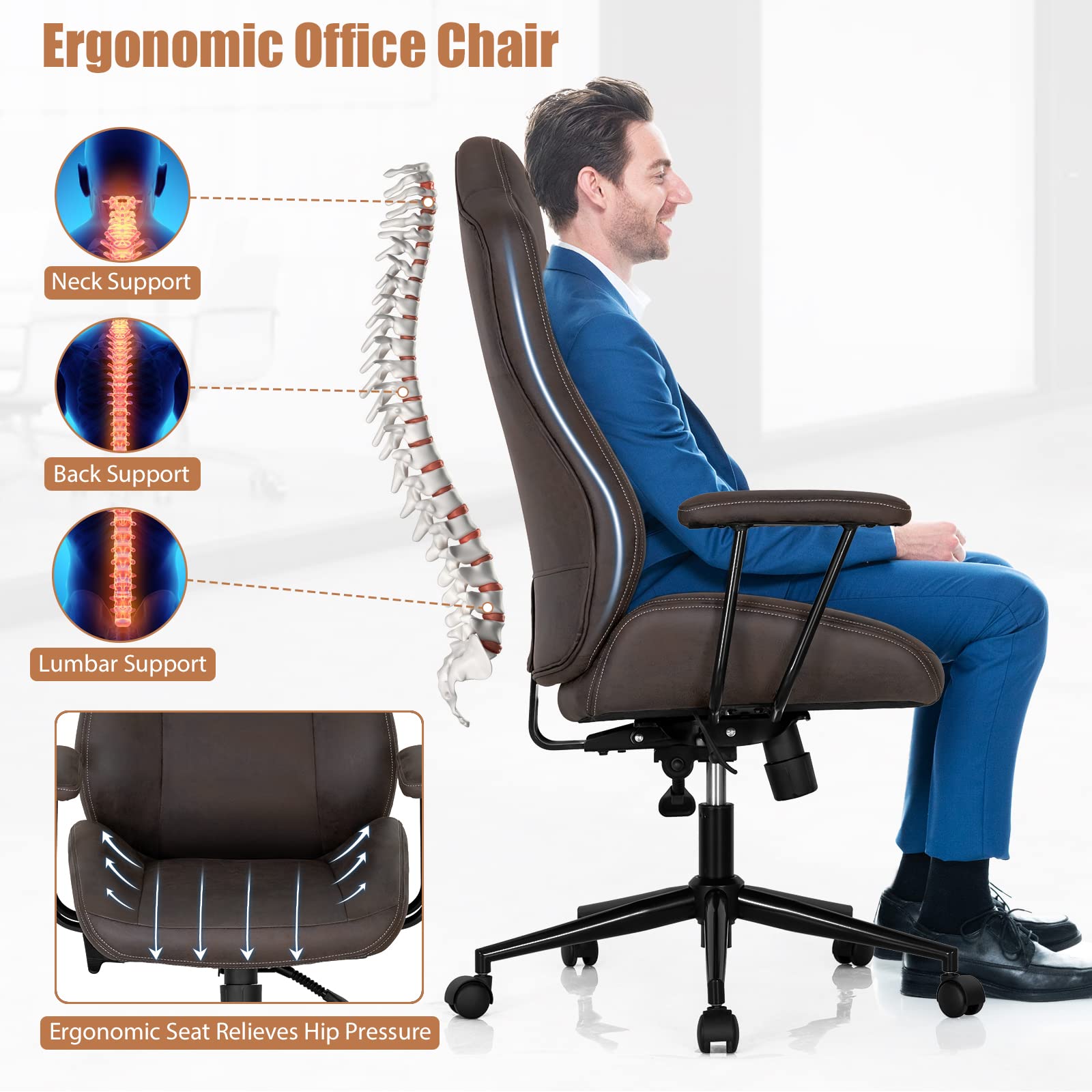 KOMFOTT High-Back Home Office Desk Chair, Ergonomic Leathaire Task Chair with Comfortable Padded Seat & Detachable Armrests