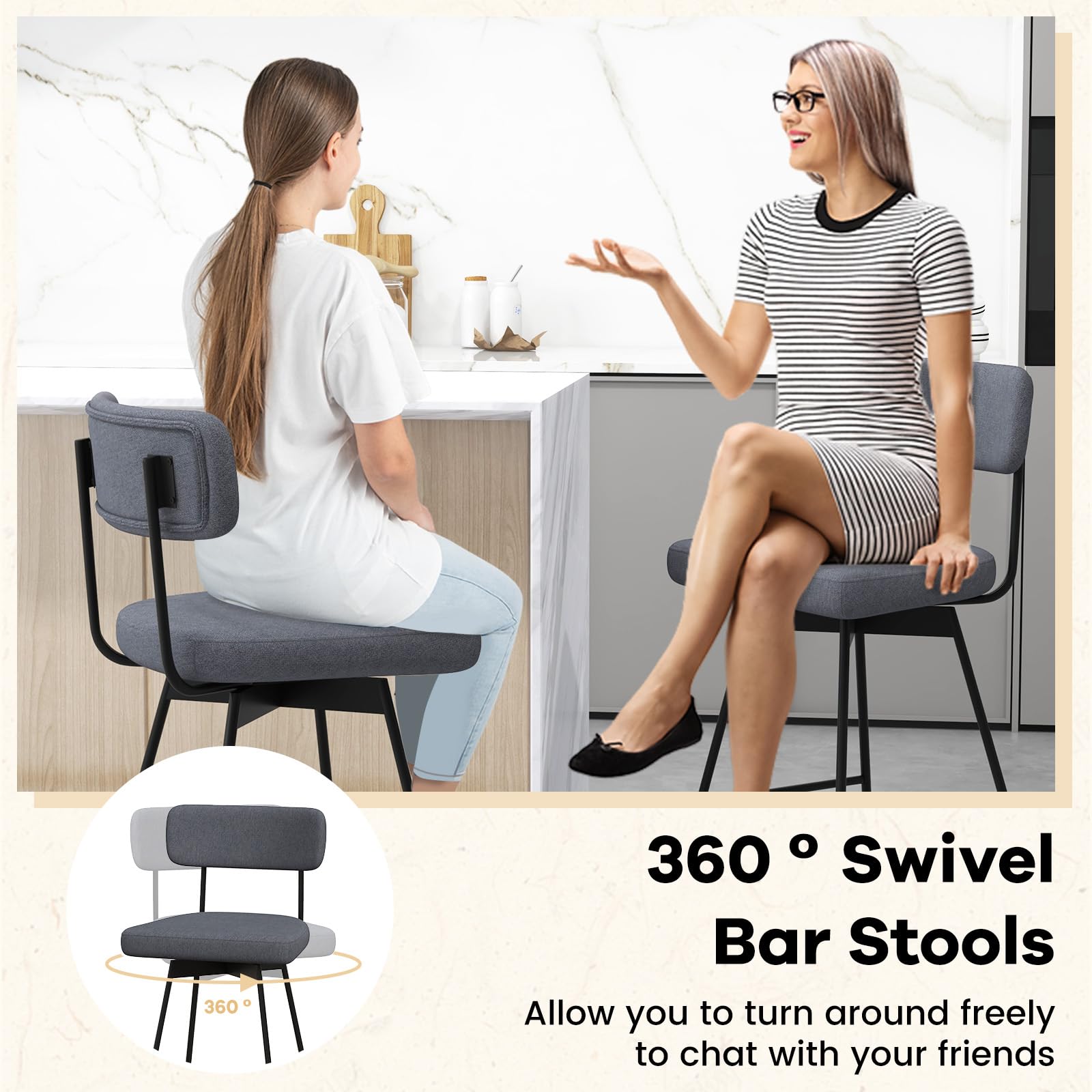 KOMFOTT Bar Stools Set of 2/4, 25” Upholstered Counter Height Bar Stools with Back