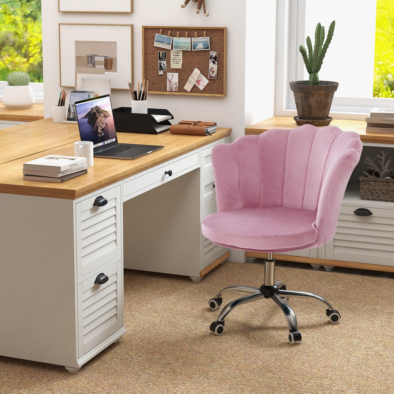 KOMFOTT Velvet Office Desk Chair Pink, Modern Vanity Chair with Seashell Back