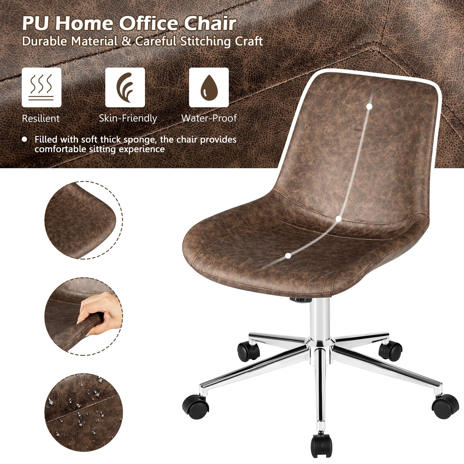 KOMFOTT Modern Home Office Chair, PU Armless Desk Chair, 360° Swivel Task Chairs