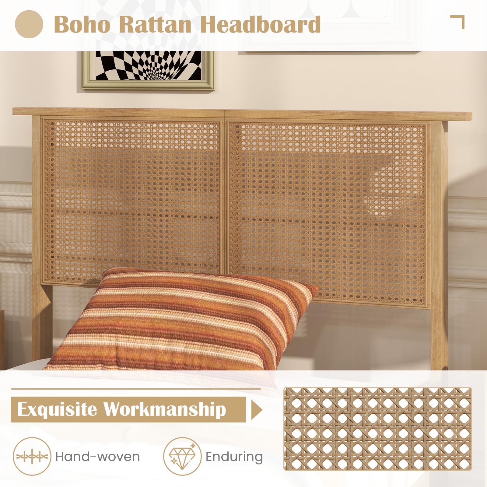 KOMFOTT Rattan Bed Frame with Rattan Headboard, Boho Solid Wood Platform Bed with Wooden Slats