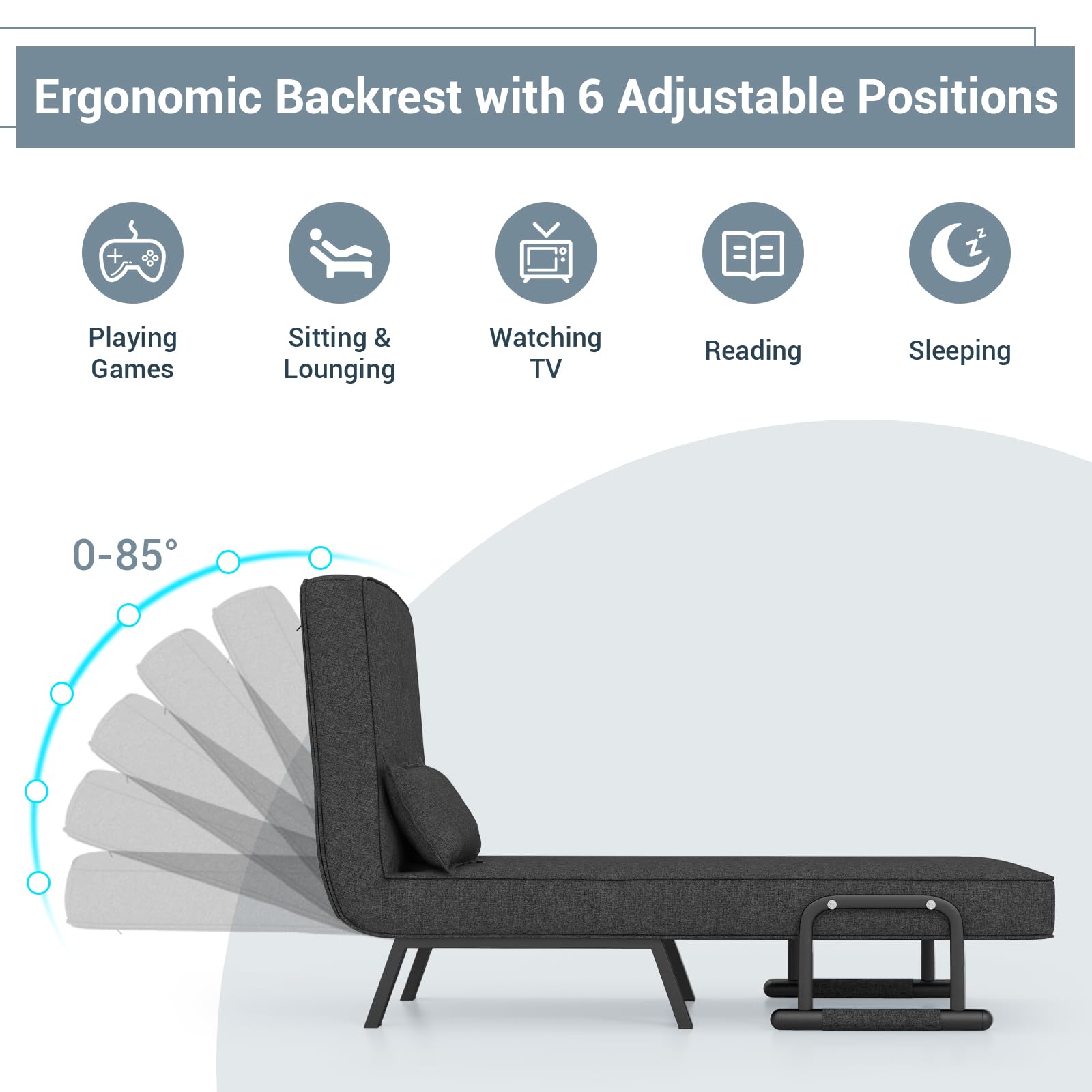 KOMFOTT Convertible Upholstered Sleeper Chair Bed with Pillow, 4-in-1 Folding Sofa Bed with 6-Position Adjustable Backrest