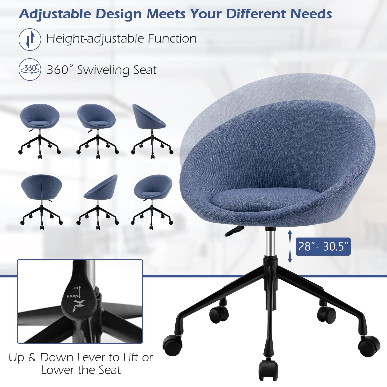 KOMFOTT Adjustable Swivel Office Chair, Modern Fabric Cute Desk Chair with Wheels and Circular Back