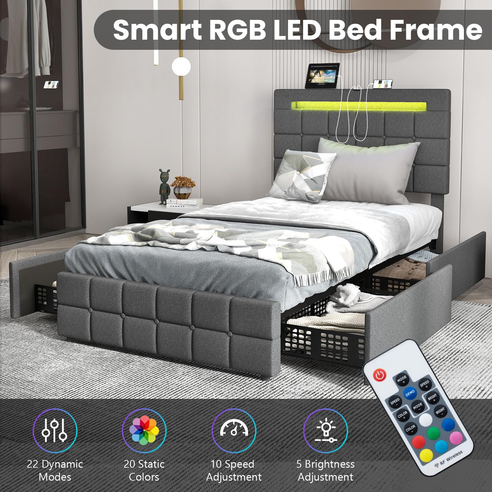 KOMFOTT Upholstered Bed Frame with LED Lights and 4 Drawers, Height Adjustable Headboard with USB Ports