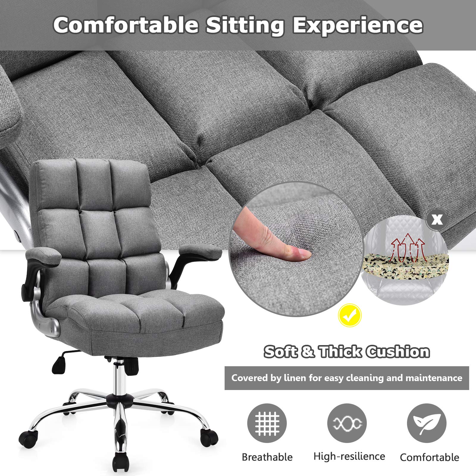 KOMFOTT Executive Office Chair, Adjustable Tilt Angle and Flip-up Armrest Linen Fabric Upholstered Chair with Thick Padding