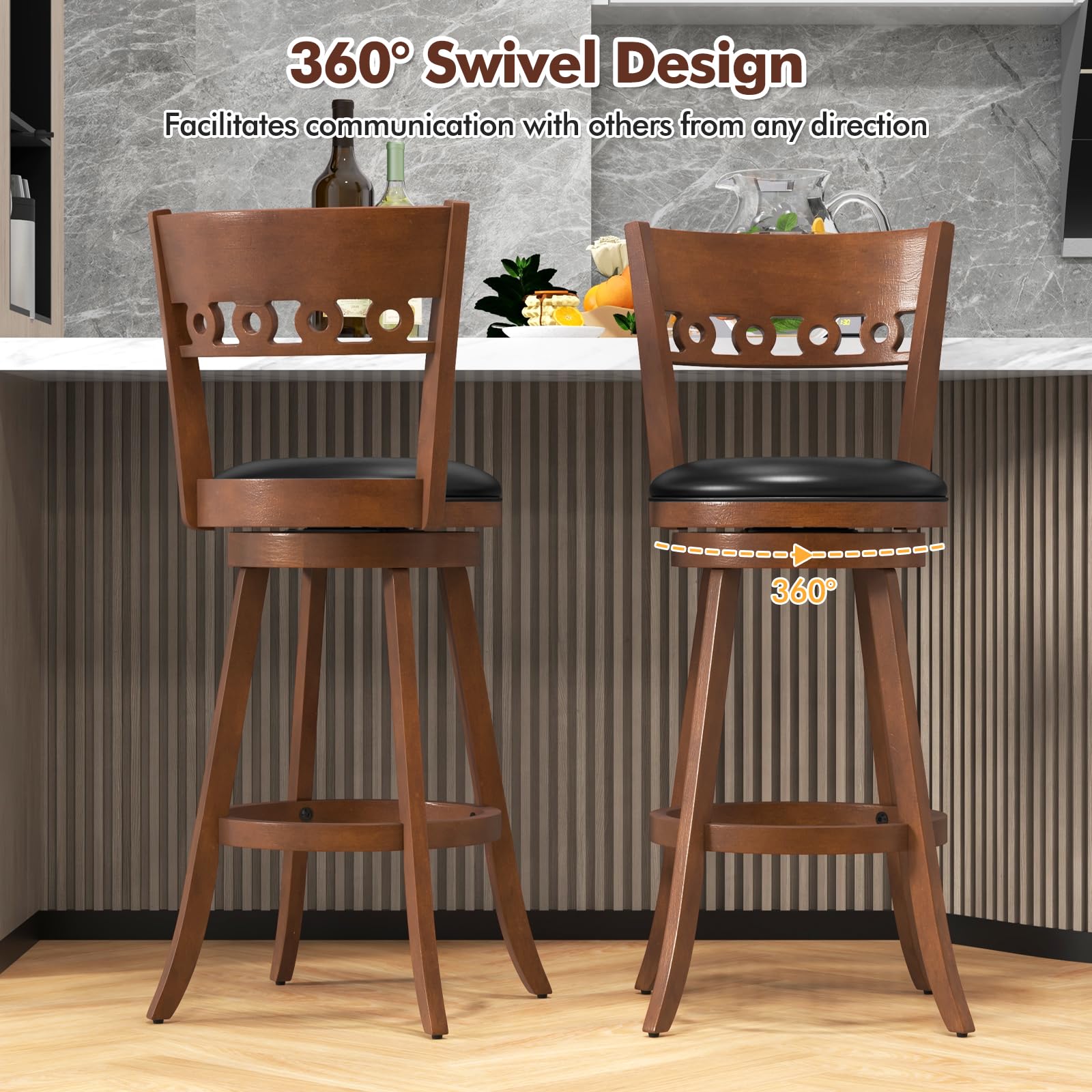 KOMFOTT Swivel Bar Stools Set of 2/4, 25.5" & 30.5" Bar Height Bar Chairs with Back, Rubber Wood Frame