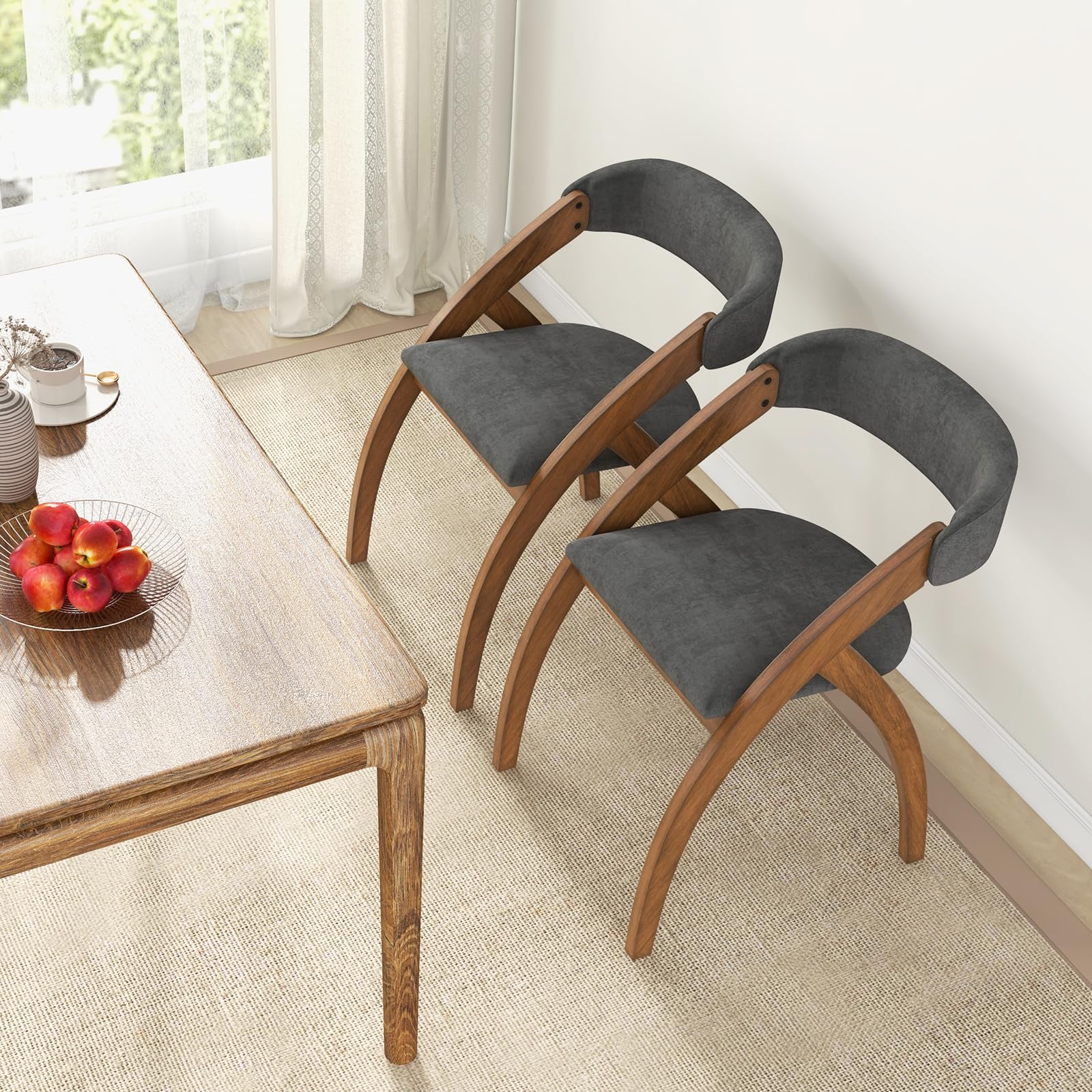 KOMFOTT Wooden Dining Chairs Set of 2, Upholstered Kitchen Chairs w/Arched Rubber Wood Legs, Padded Cushion & Curved Back